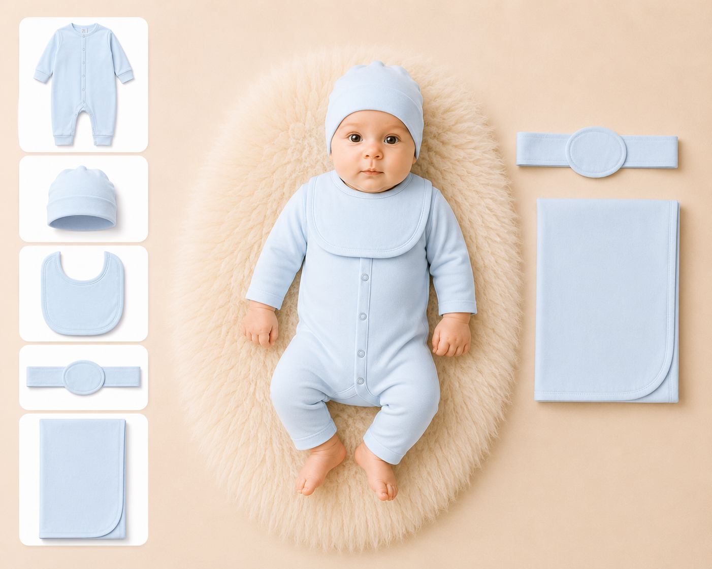 Zaki -Baby 5 PCS Set – Overall, Cap, Bib, Blanket & Navel Belt(0-3M)
