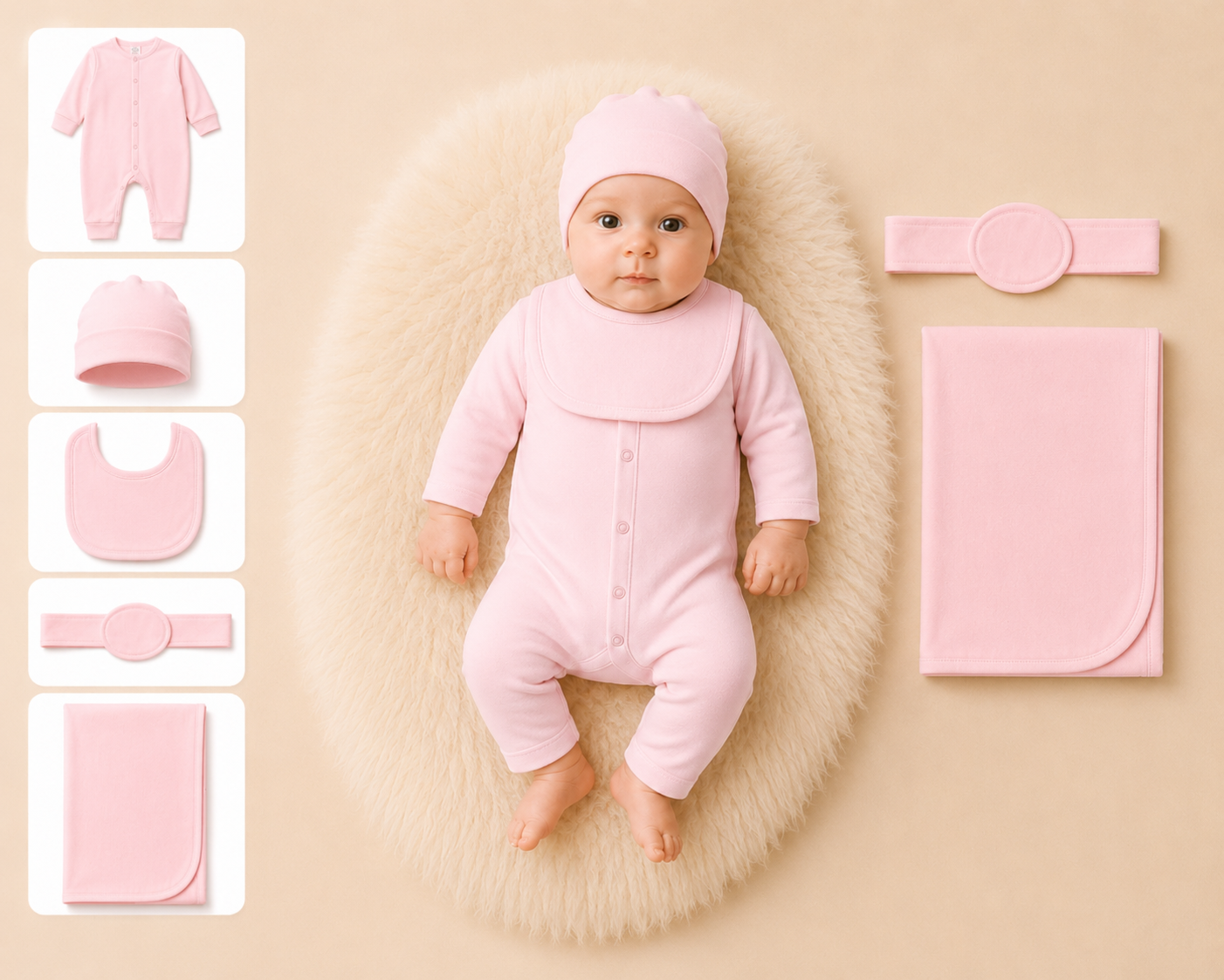 Zaki -Baby 5 PCS Set – Overall, Cap, Bib, Blanket & Navel Belt(0-3M)