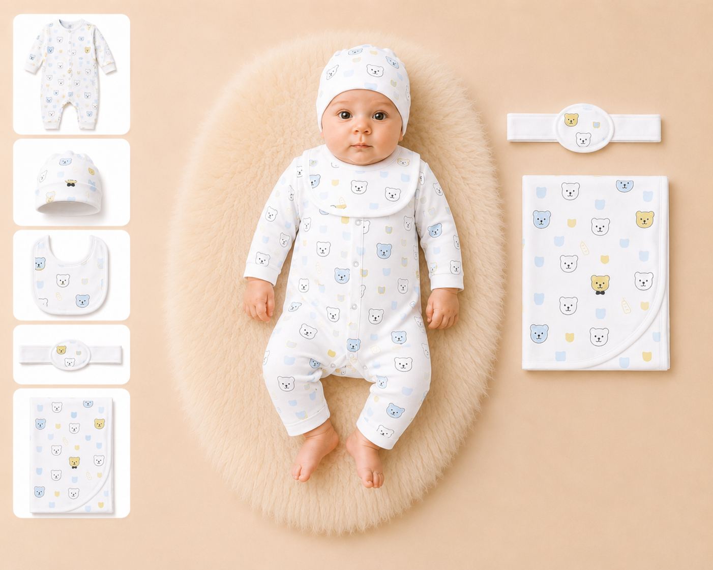 Zaki -Baby 5 PCS Set – Overall, Cap, Bib, Blanket & Navel Belt(0-3M)
