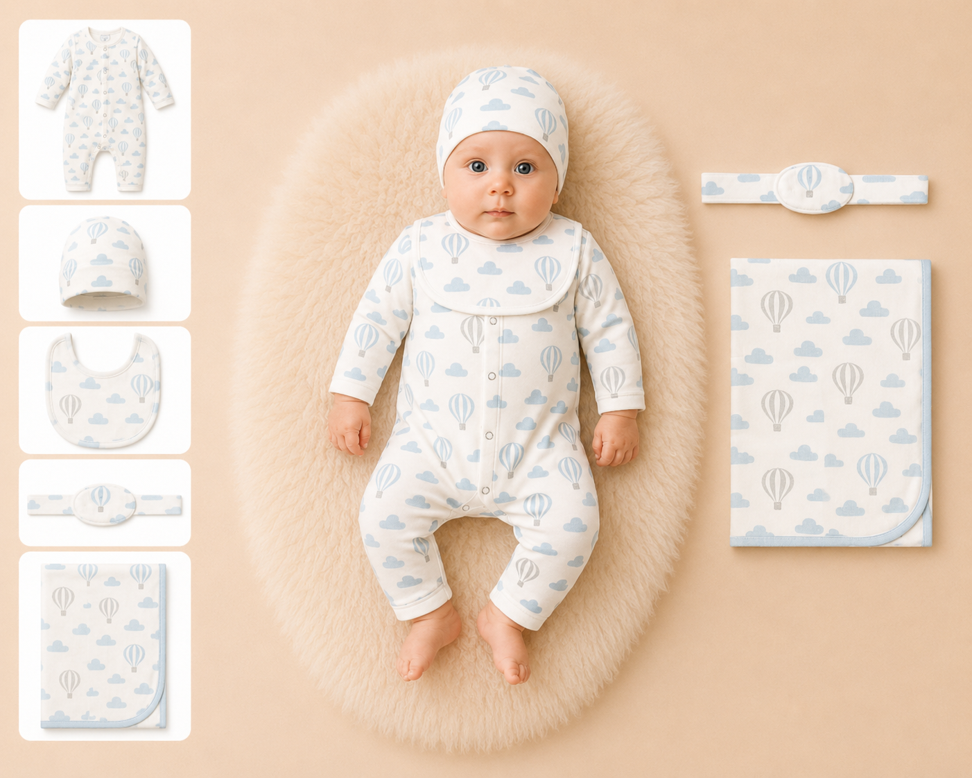 Zaki -Baby 5 PCS Set – Overall, Cap, Bib, Blanket & Navel Belt(0-3M)