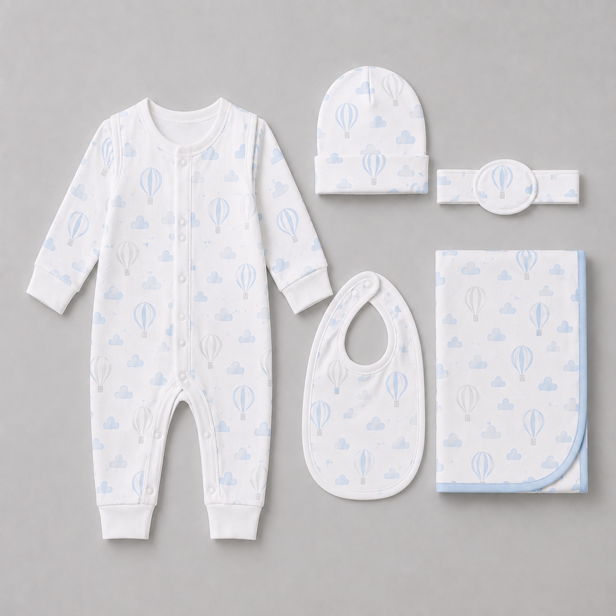 Zaki -Baby 5 PCS Set – Overall, Cap, Bib, Blanket & Navel Belt(0-3M)