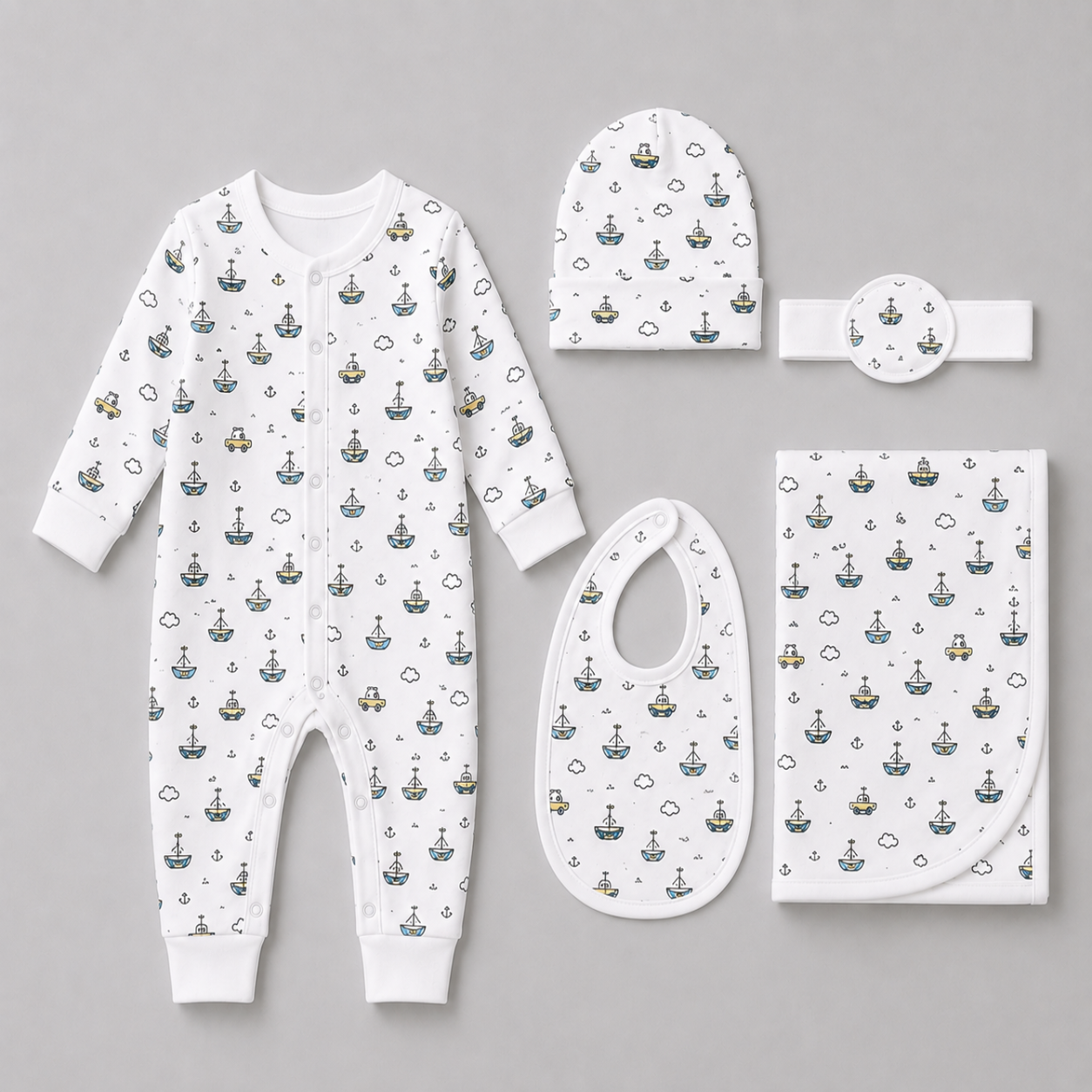Zaki -Baby 5 PCS Set – Overall, Cap, Bib, Blanket & Navel Belt(0-3M)