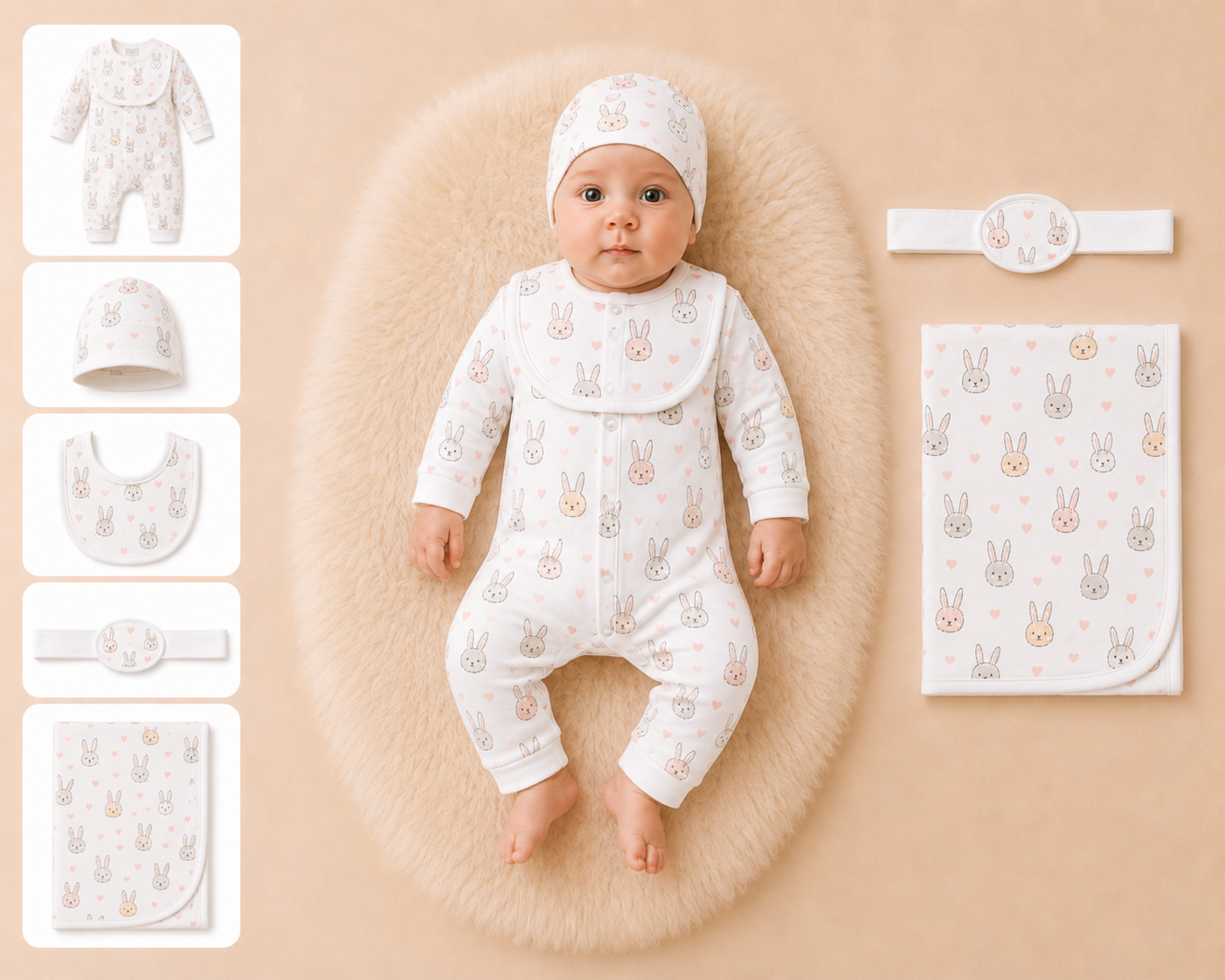 Zaki -Baby 5 PCS Set – Overall, Cap, Bib, Blanket & Navel Belt(0-3M)
