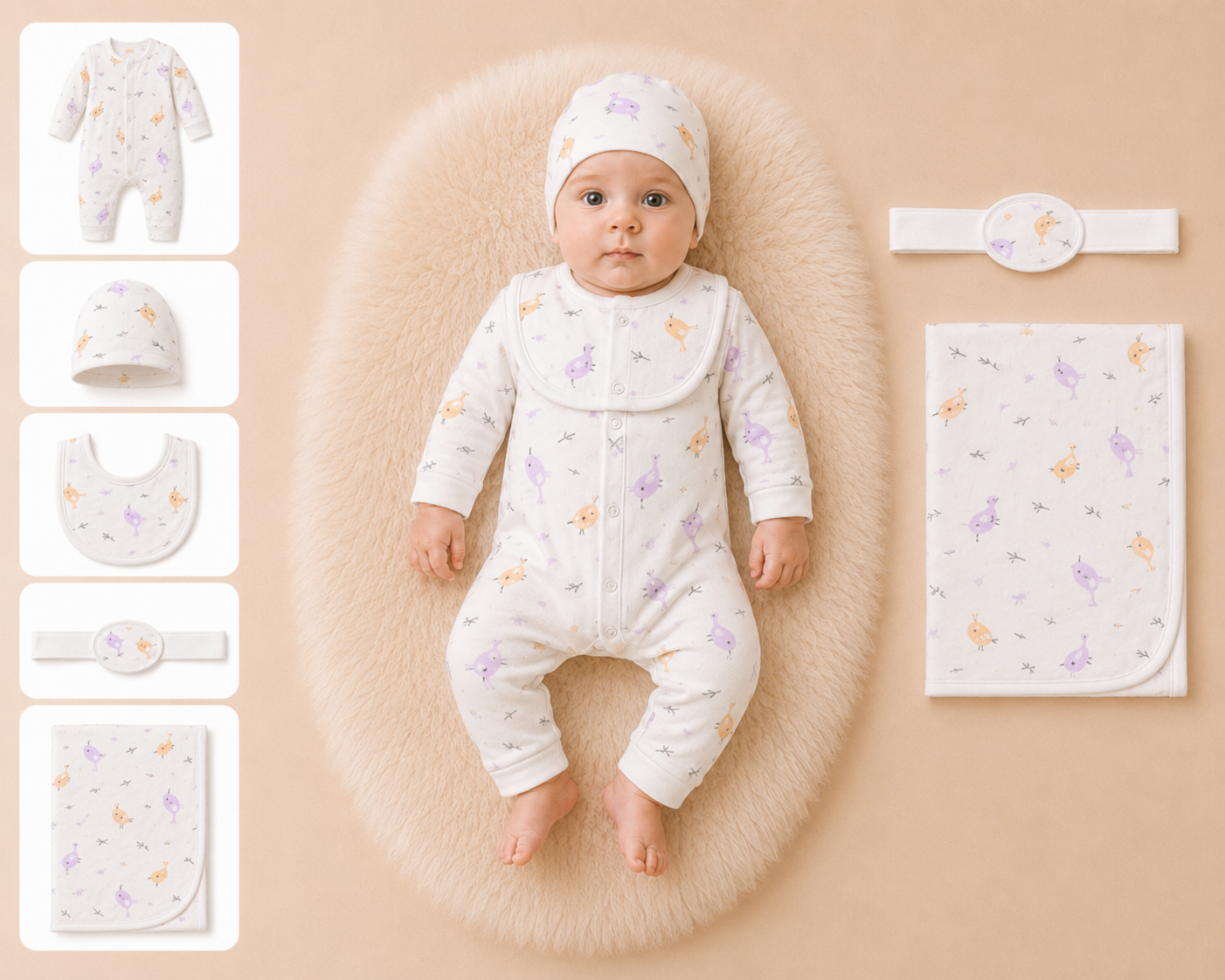 Zaki -Baby 5 PCS Set – Overall, Cap, Bib, Blanket & Navel Belt(0-3M)