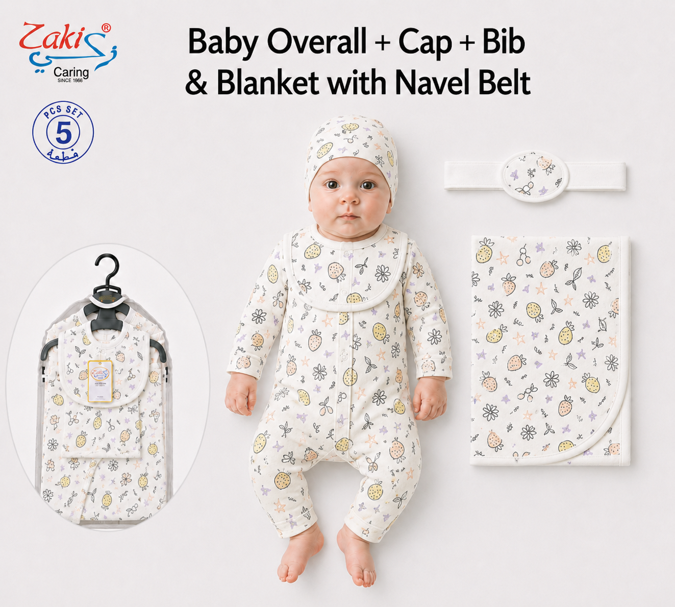 Zaki -Baby 5 PCS Set – Overall, Cap, Bib, Blanket & Navel Belt(0-3M)