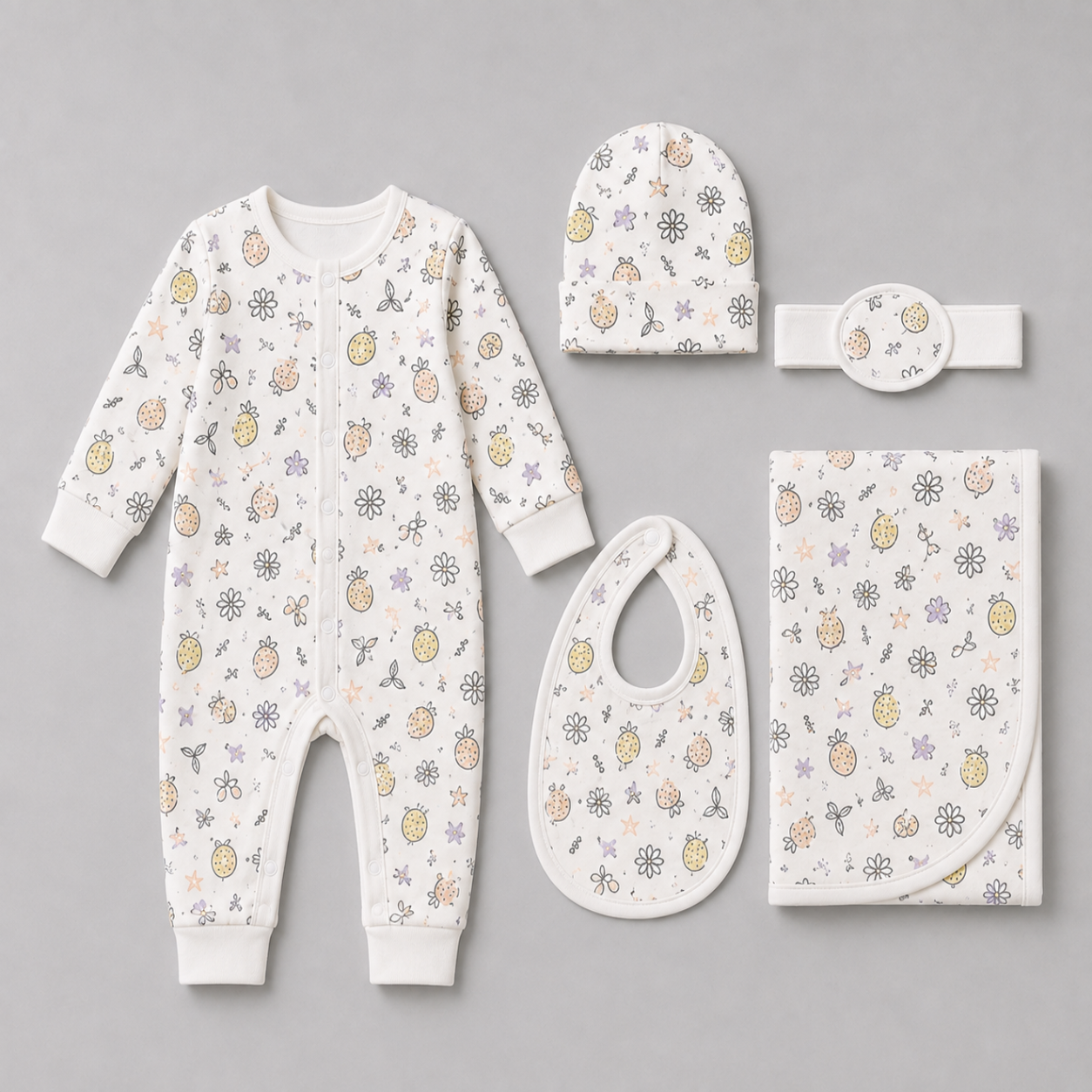 Zaki -Baby 5 PCS Set – Overall, Cap, Bib, Blanket & Navel Belt(0-3M)
