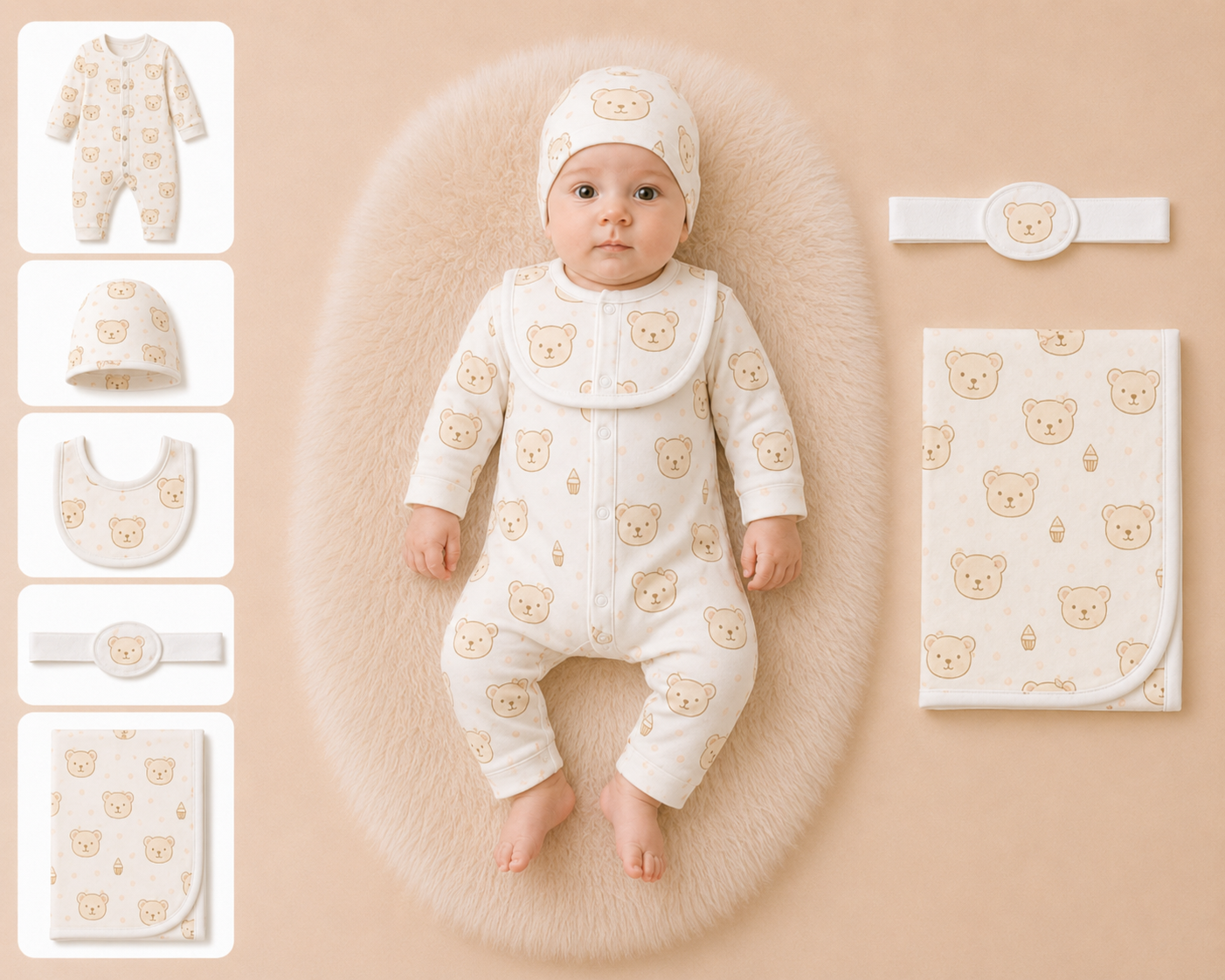Zaki -Baby 5 PCS Set – Overall, Cap, Bib, Blanket & Navel Belt(0-3M)