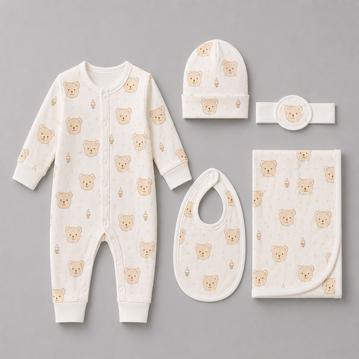 Zaki -Baby 5 PCS Set – Overall, Cap, Bib, Blanket & Navel Belt(0-3M)