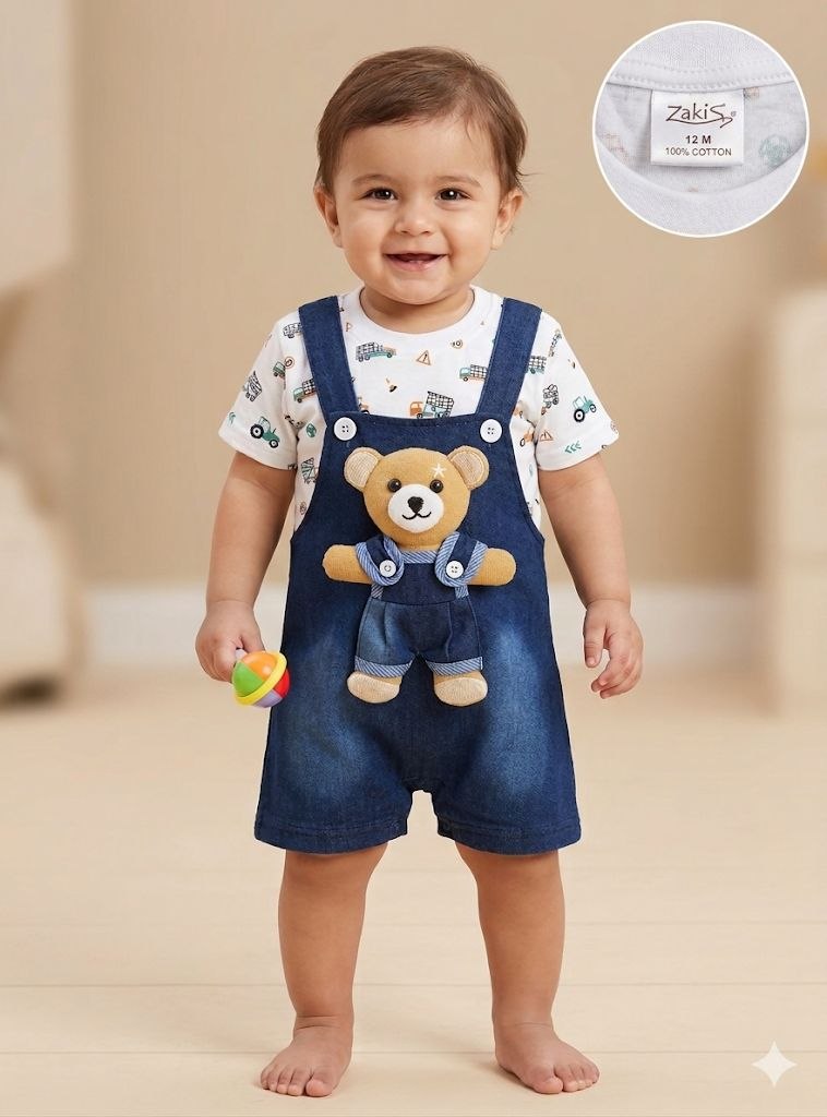 ZAKI-BOYS HALF SLEEVES DUNAGREE SET WITH FLUFFY TOY 0-18M
