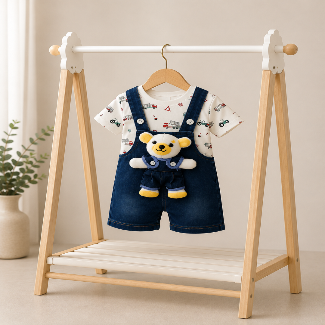 ZAKI-BOYS HALF SLEEVES DUNAGREE SET WITH FLUFFY TOY 0-18M