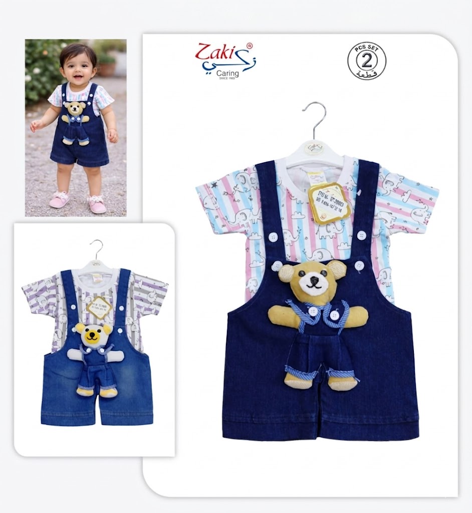 ZAKI-GIRLS HALF SLEEVES DUNAGREE SET WITH FLUFFY TOY 0-18M