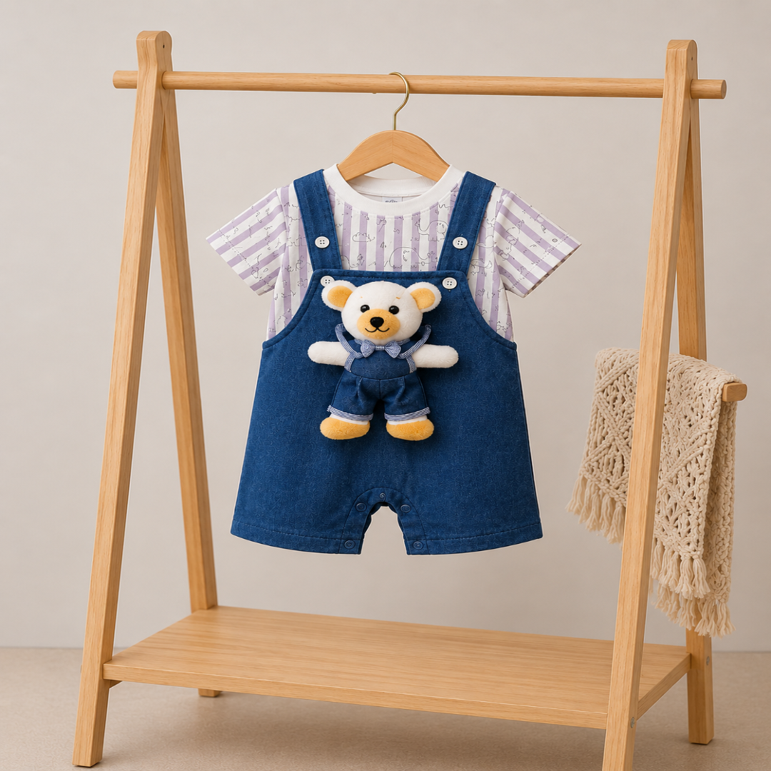 ZAKI-GIRLS HALF SLEEVES DUNAGREE SET WITH FLUFFY TOY 0-18M