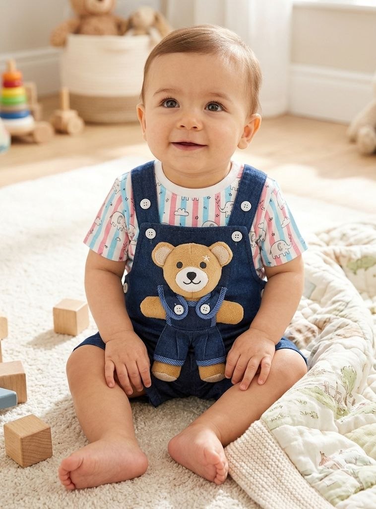ZAKI-GIRLS HALF SLEEVES DUNAGREE SET WITH FLUFFY TOY 0-18M