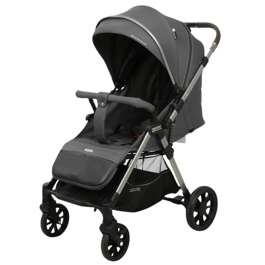 KIDILO Baby Stroller with Two-Way Retractable Push Bar - Grey
