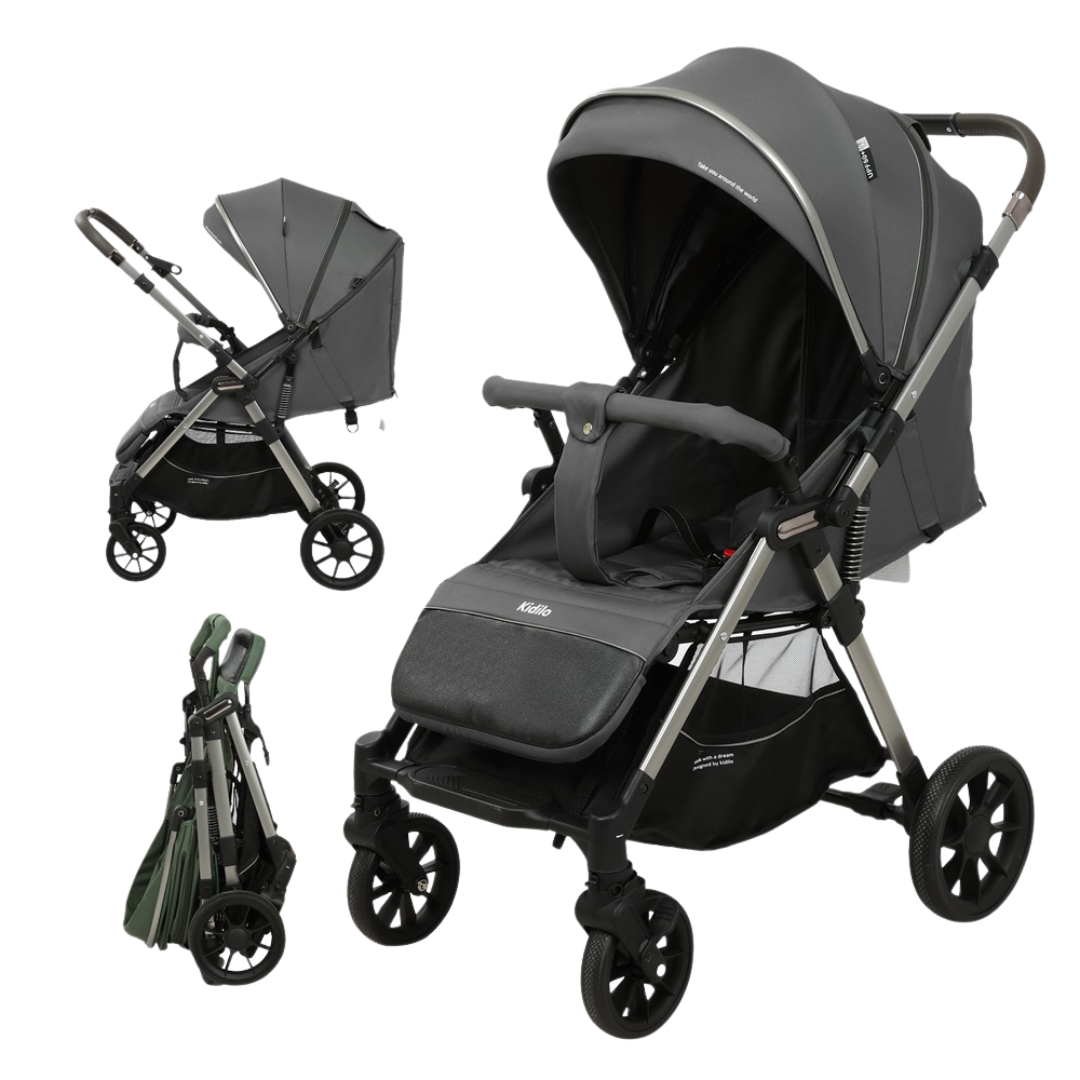KIDILO Baby Stroller with Two-Way Retractable Push Bar - Grey