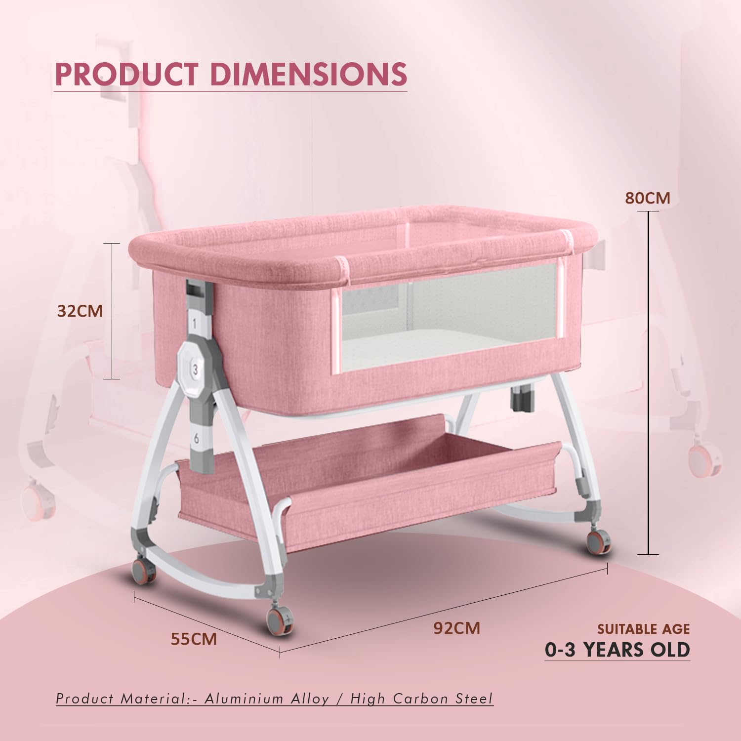 Baby Rocking Bassinet Crib 3 in 1 - Pink