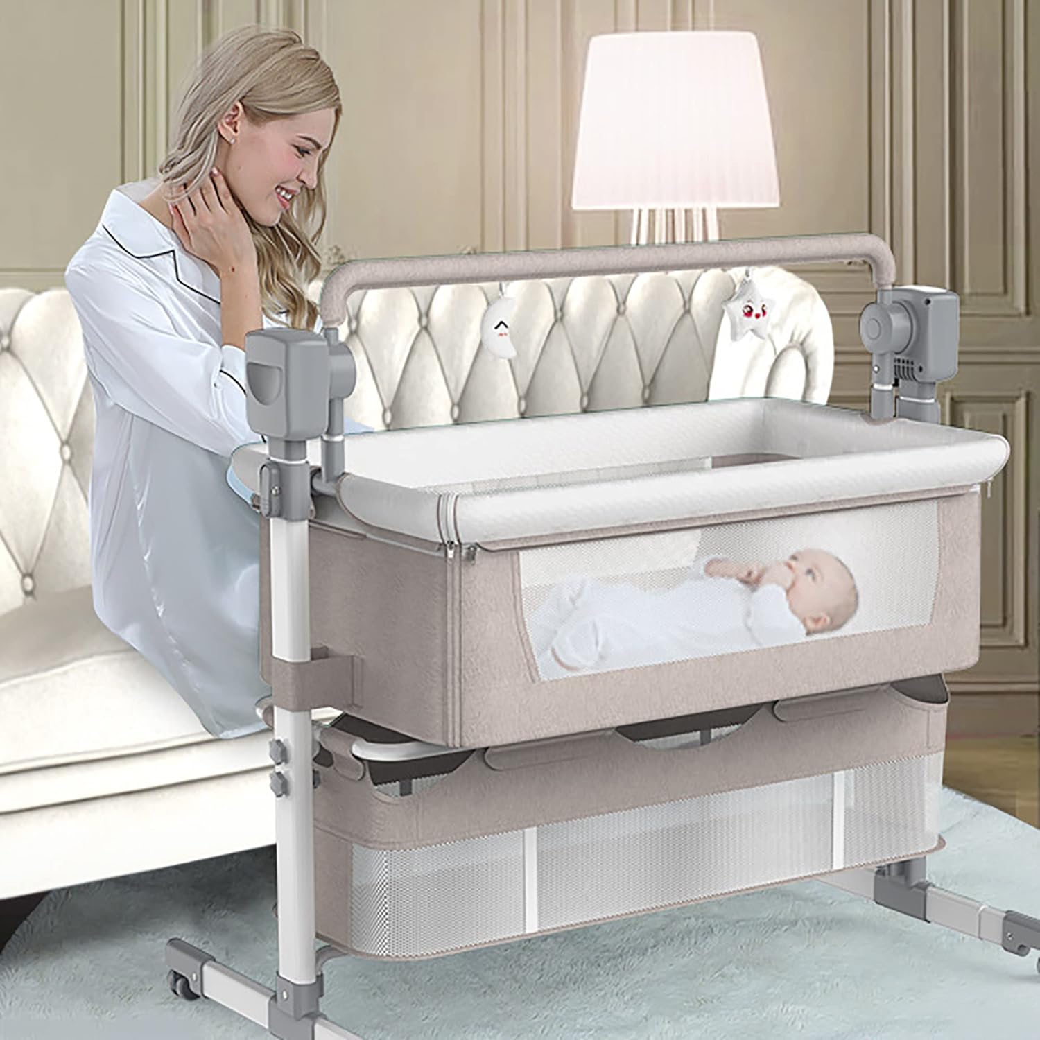 Baby Rocking Bassinet Crib + Diaper Change - Beige
