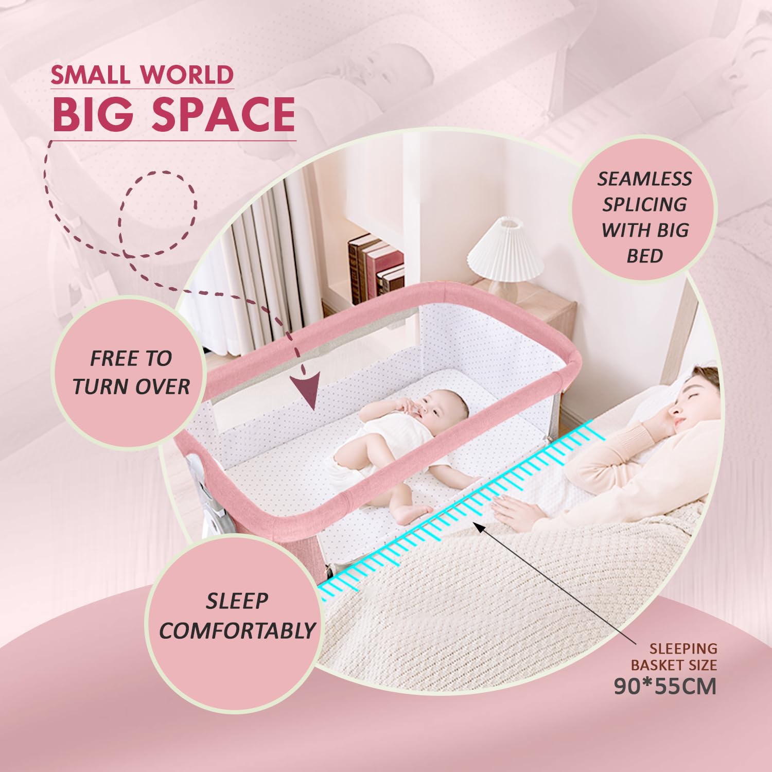 Baby Rocking Bassinet Crib 3 in 1 - Pink