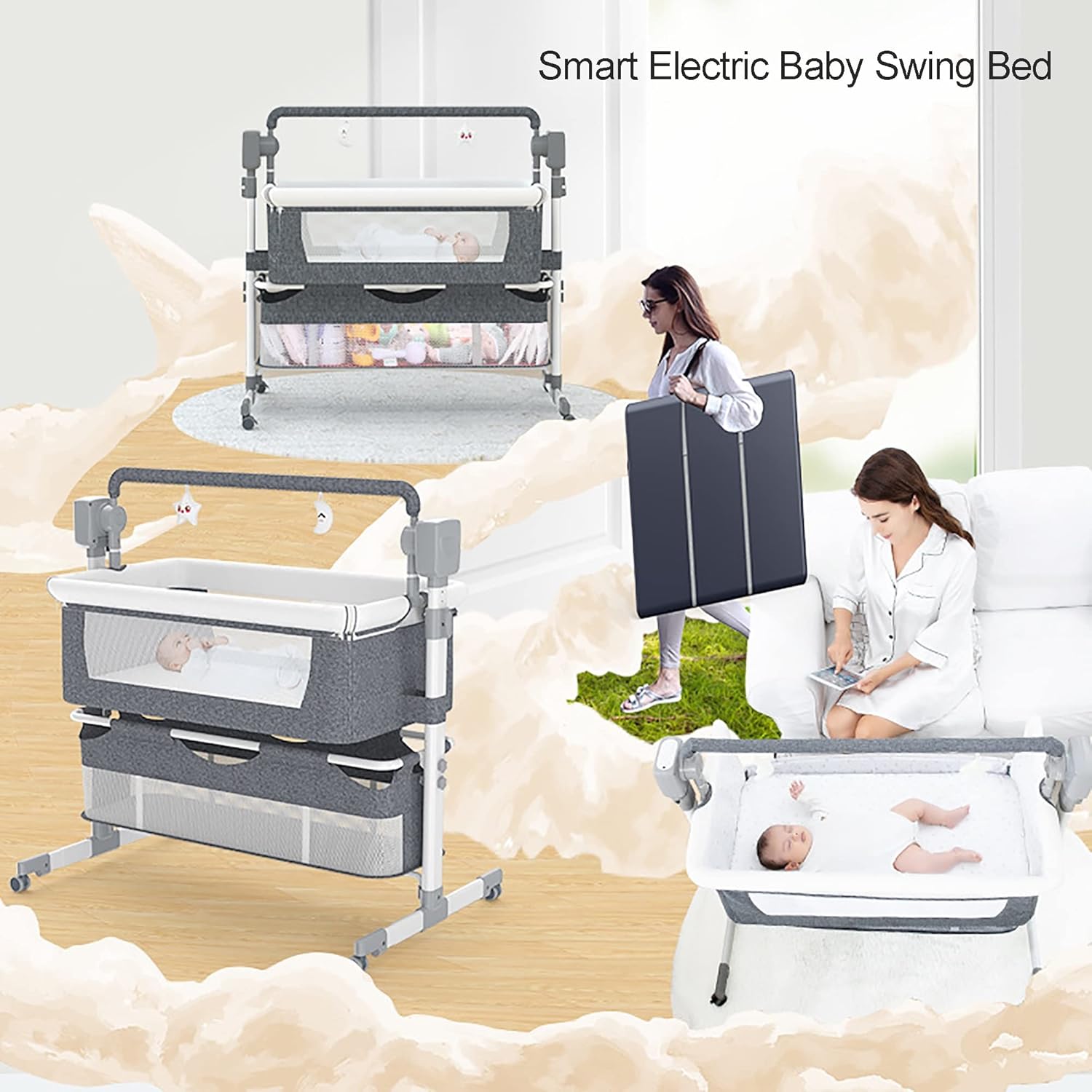 Baby Rocking Bassinet Crib + Diaper Change - Beige