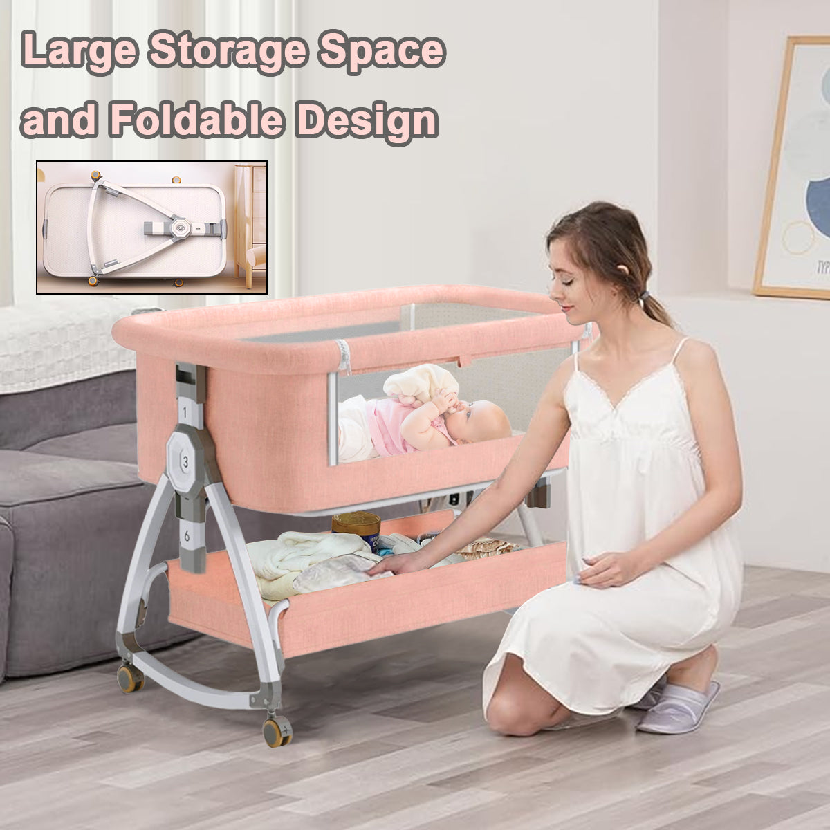 Baby Rocking Bassinet Crib 3 in 1 - Pink
