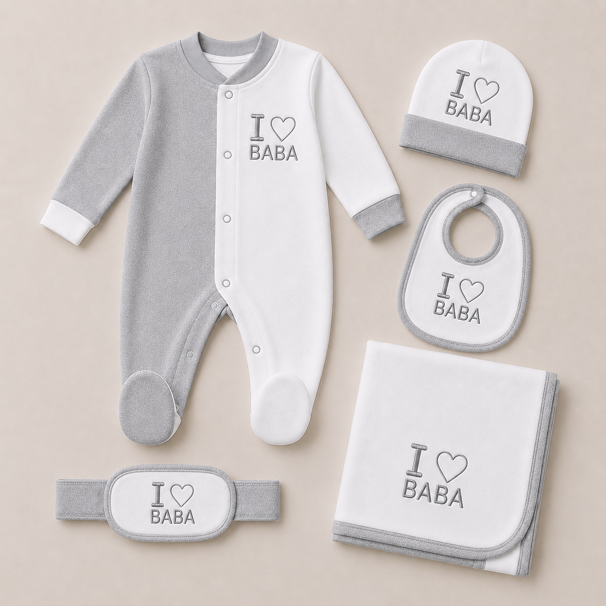 Baby 5 Pcs Embroidery Overall Set With Cap, Bib, Blanket & Navel Belt(0-3M)