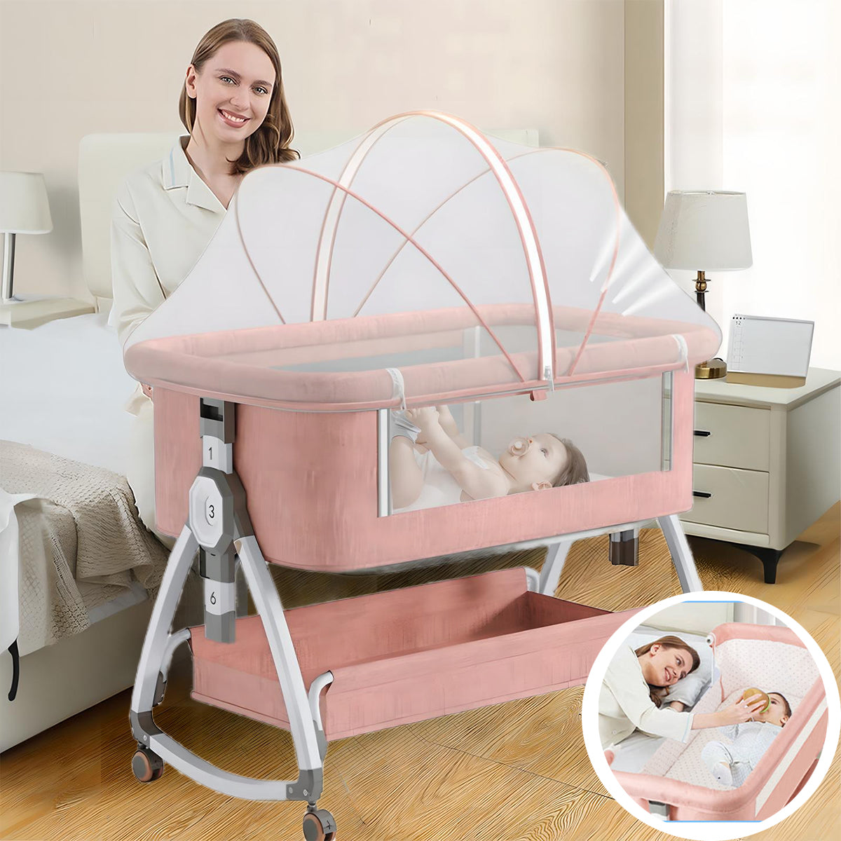 Baby Rocking Bassinet Crib 3 in 1 - Pink