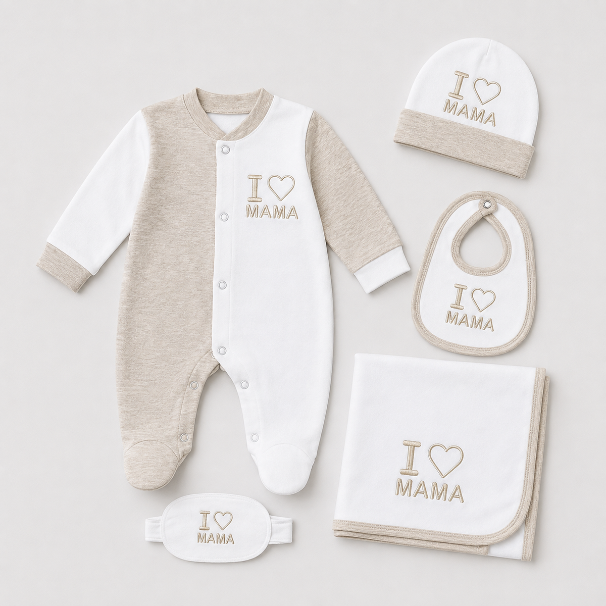 Baby 5 Pcs Embroidery Overall Set With Cap, Bib, Blanket & Navel Belt(0-3M)