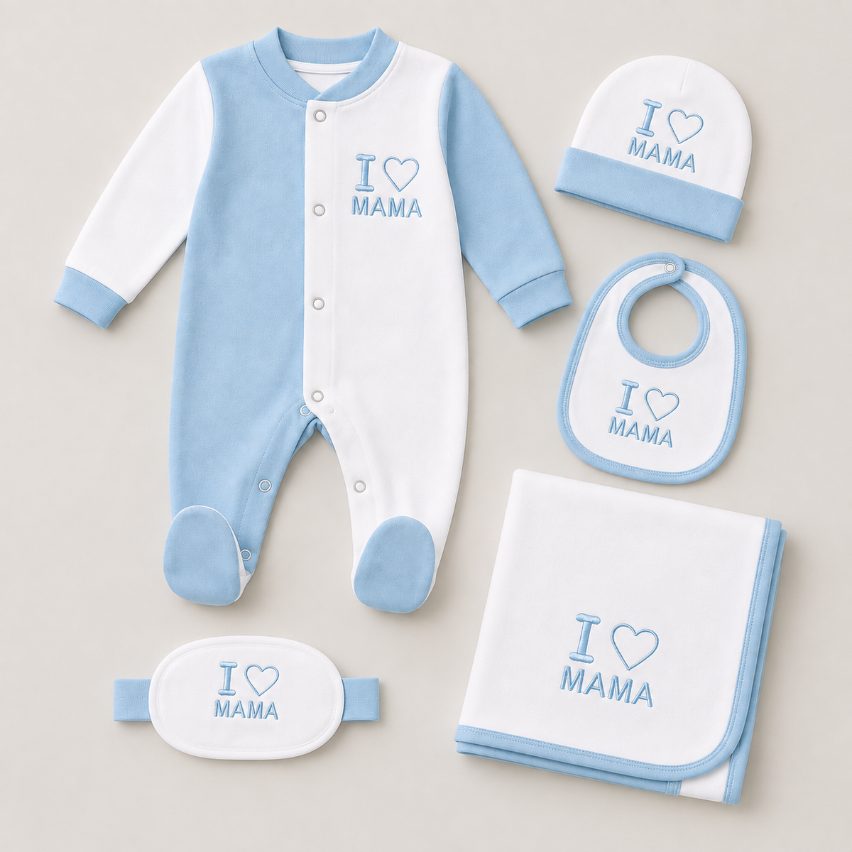 Baby 5 Pcs Embroidery Overall Set With Cap, Bib, Blanket & Navel Belt(0-3M)
