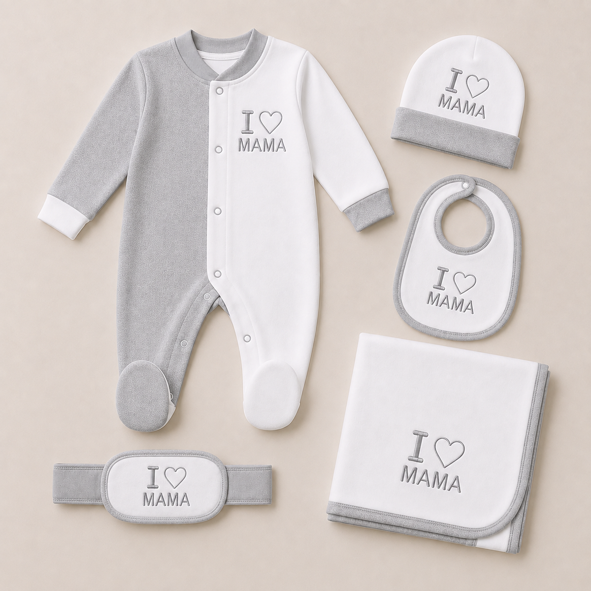 Baby 5 Pcs Embroidery Overall Set With Cap, Bib, Blanket & Navel Belt(0-3M)