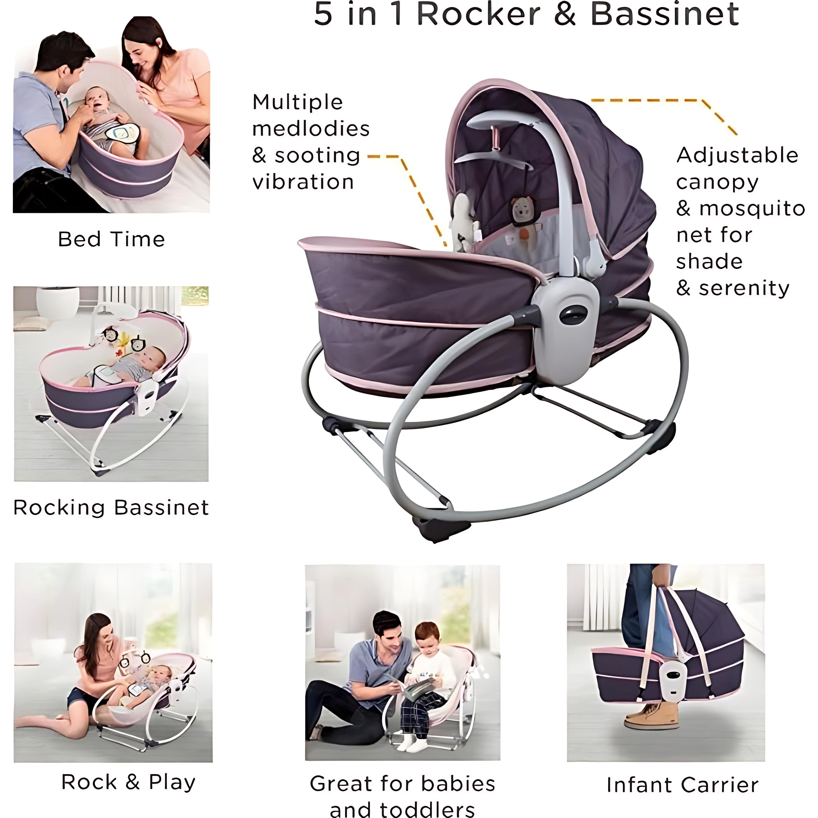 5 in 1 Rocker Bassinet (Pink-Grey)