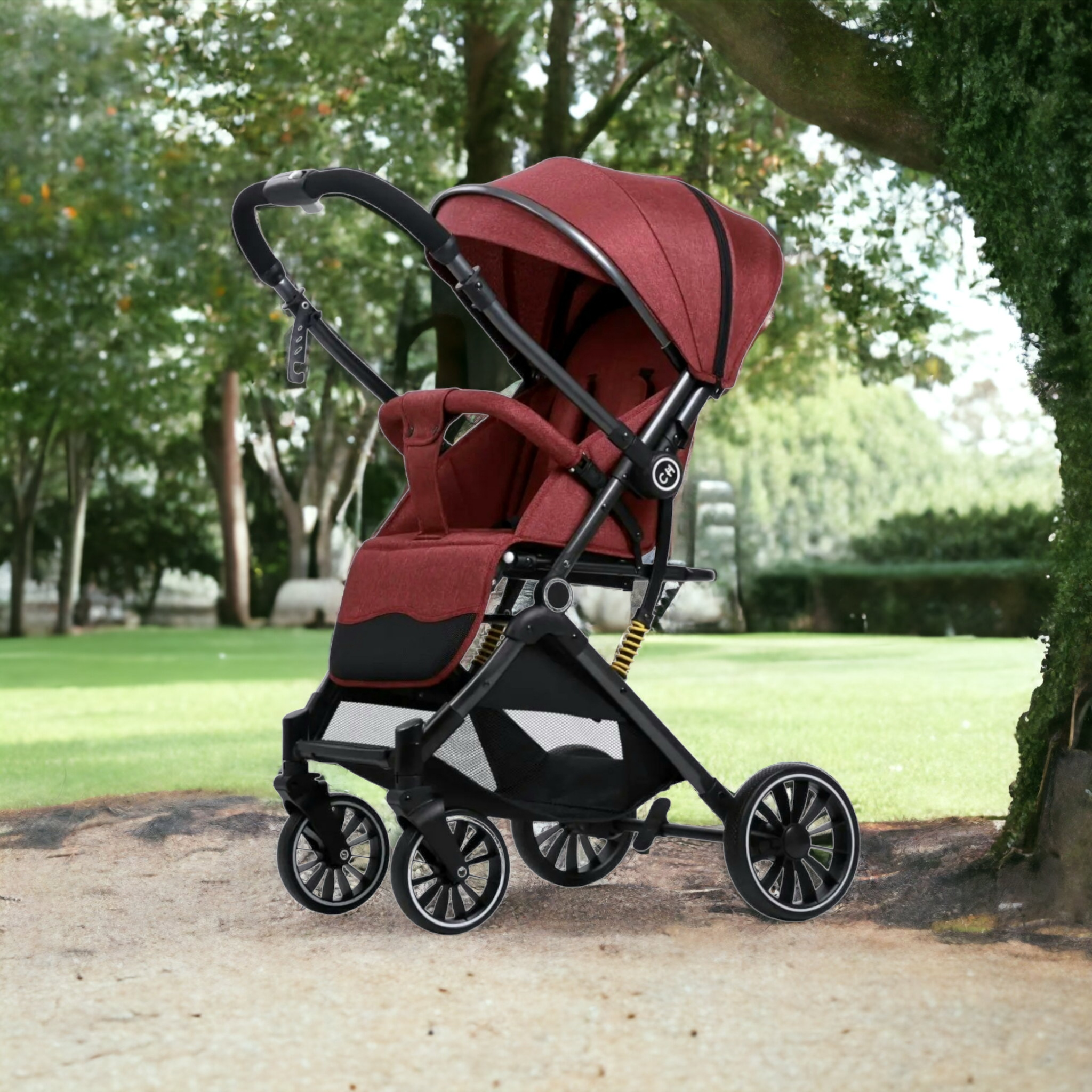 SwiftRide Pro Travel Stroller – Reversible Handle, Shock Absorption & Compact Fold (Red)