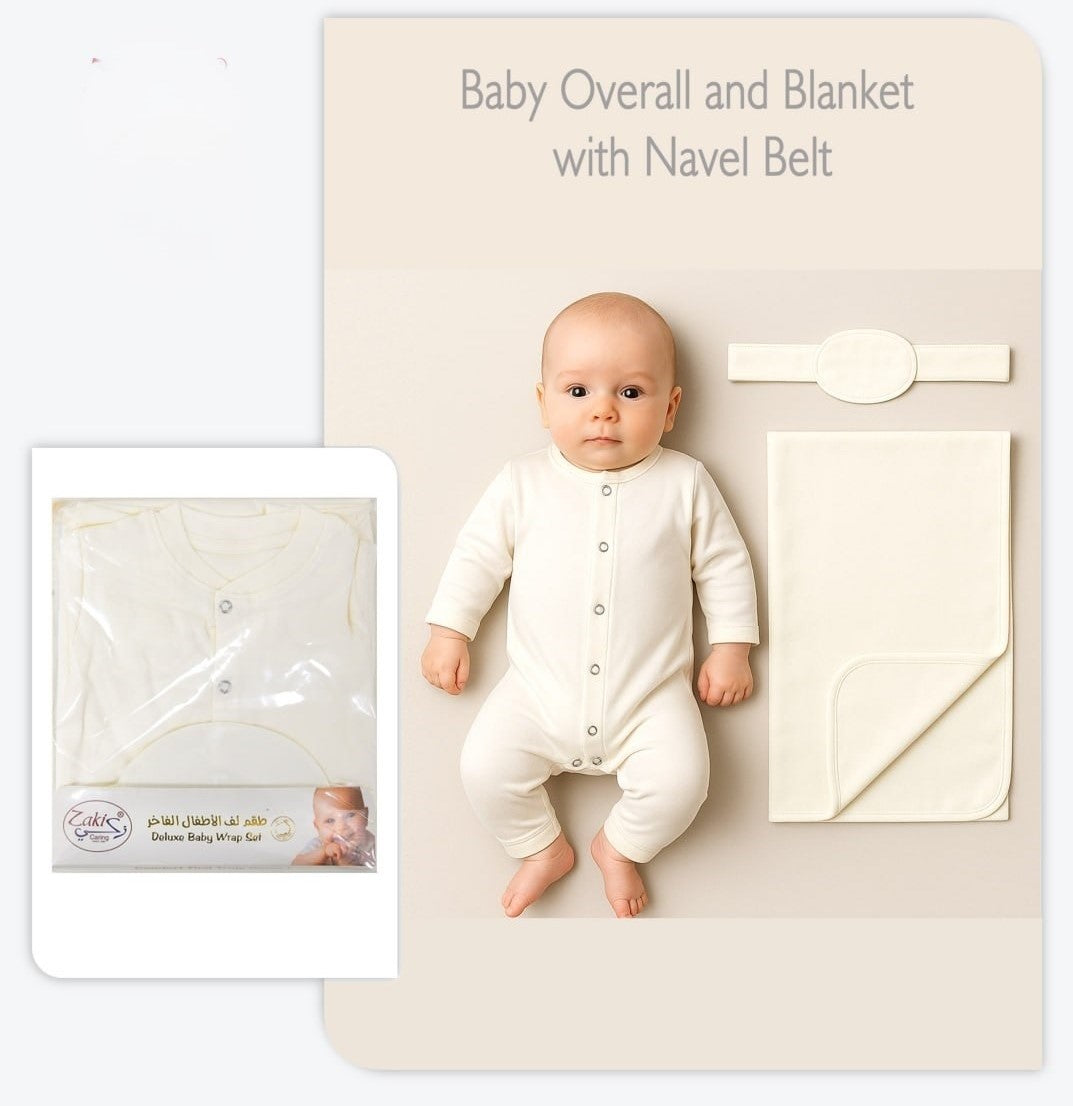 Baby Overall and Blanket with Navel Belt - Set 0-3M (O/WHT)