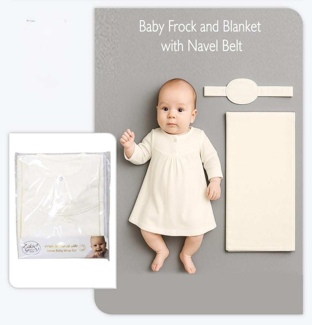 Baby Frock and Blanket with Navel Belt - Set 0-3M (O/WHT)