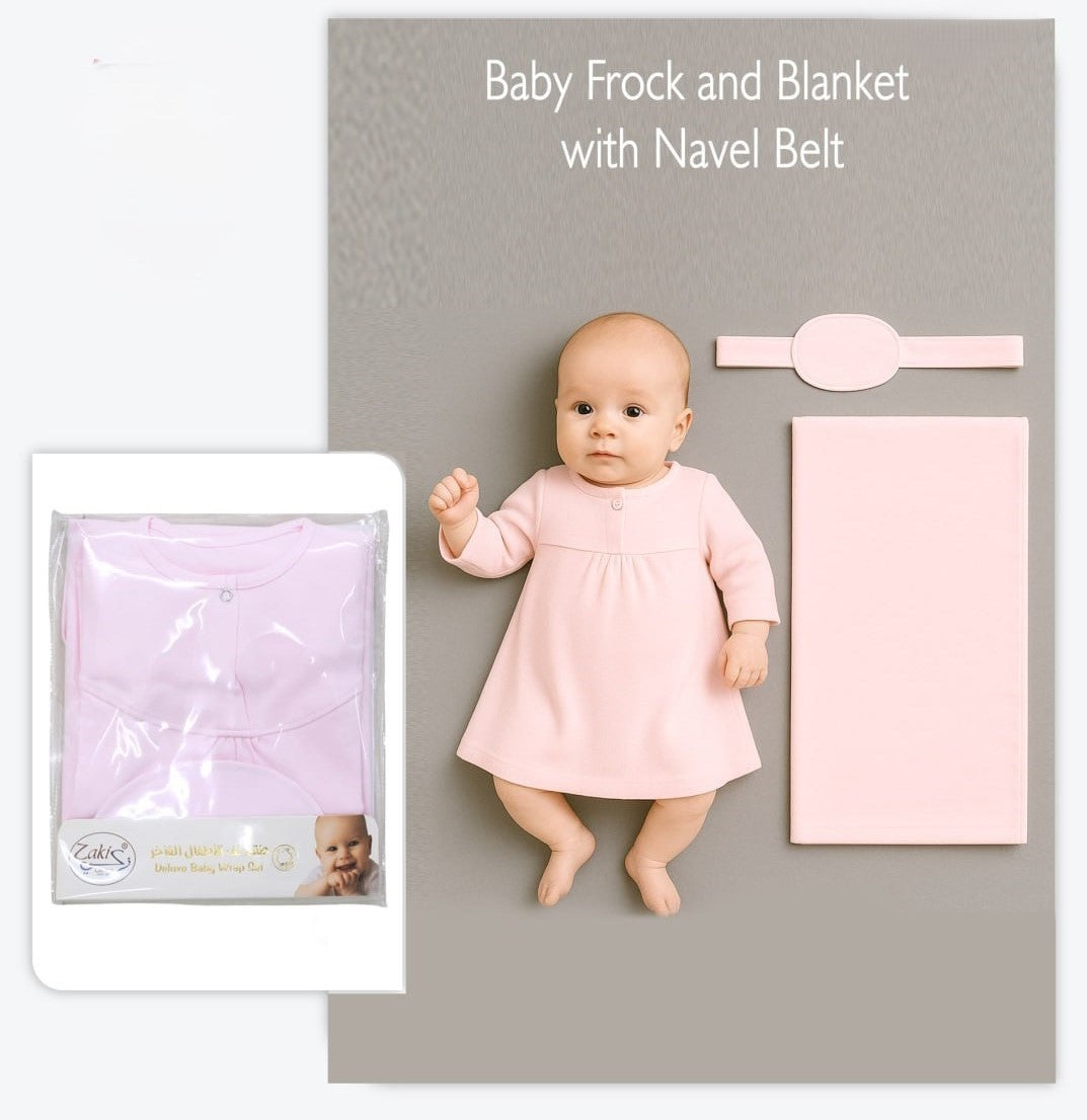Girls Plain Frock and Blanket with Navel Belt - Set 0-3M