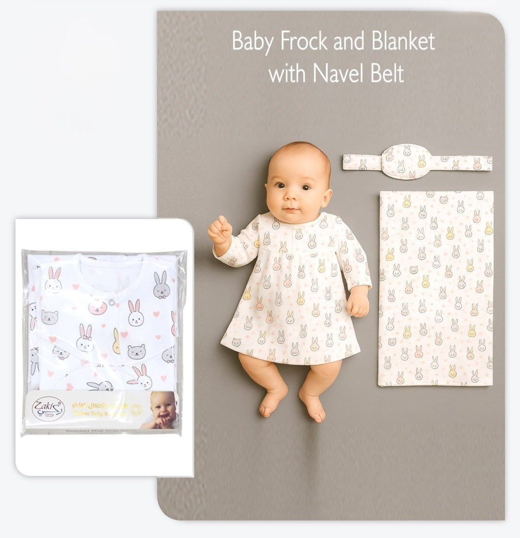 Girls Printed Frock and Blanket with Navel Belt - Set 0-3M