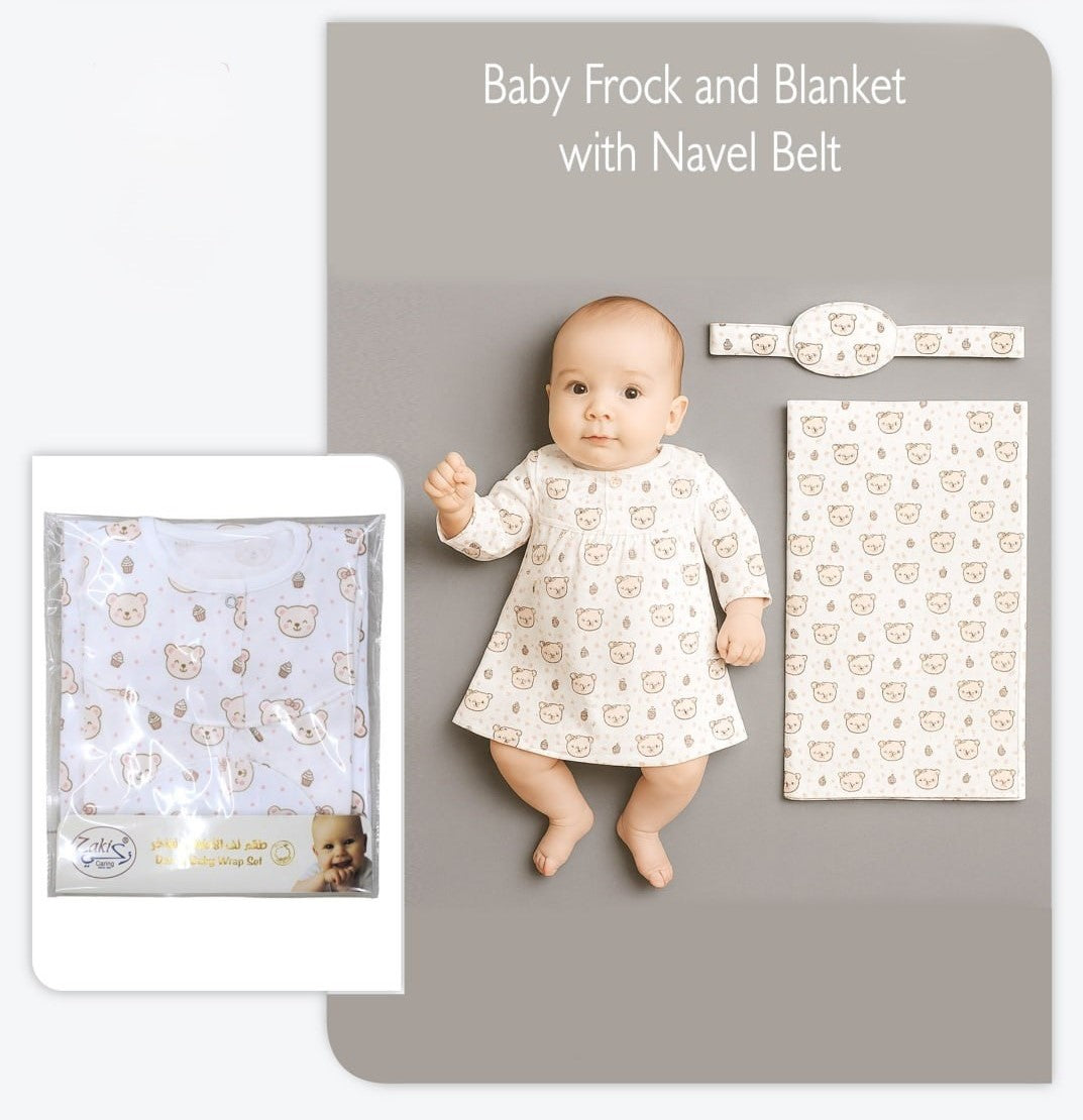 Girls Printed Frock and Blanket with Navel Belt - Set 0-3M