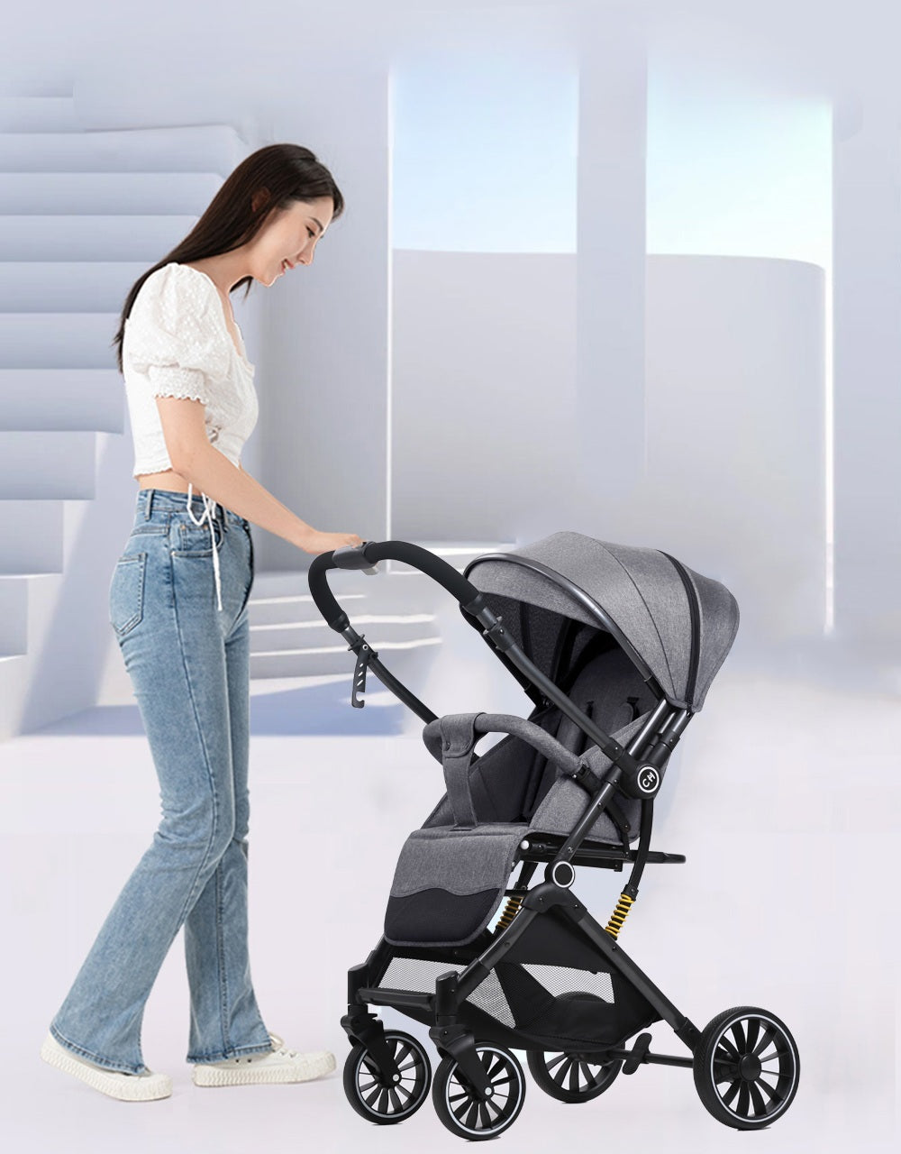 SwiftRide Pro Travel Stroller – Reversible Handle, Shock Absorption & Compact Fold (Grey)