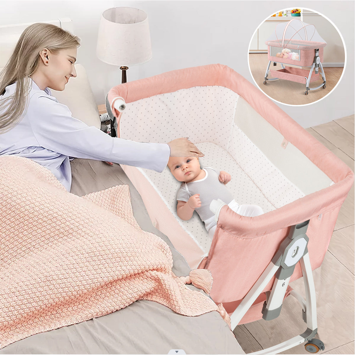 Baby Rocking Bassinet Crib 3 in 1 - Pink