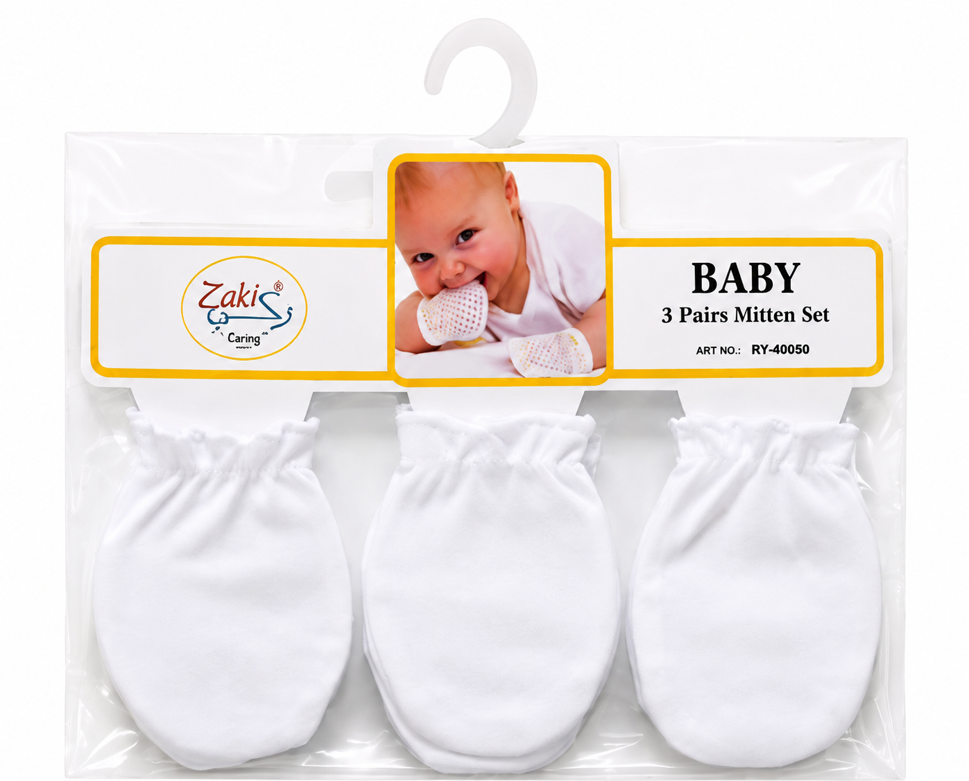 Zaki - 3 Pair Premium Cotton Baby Mittens – White