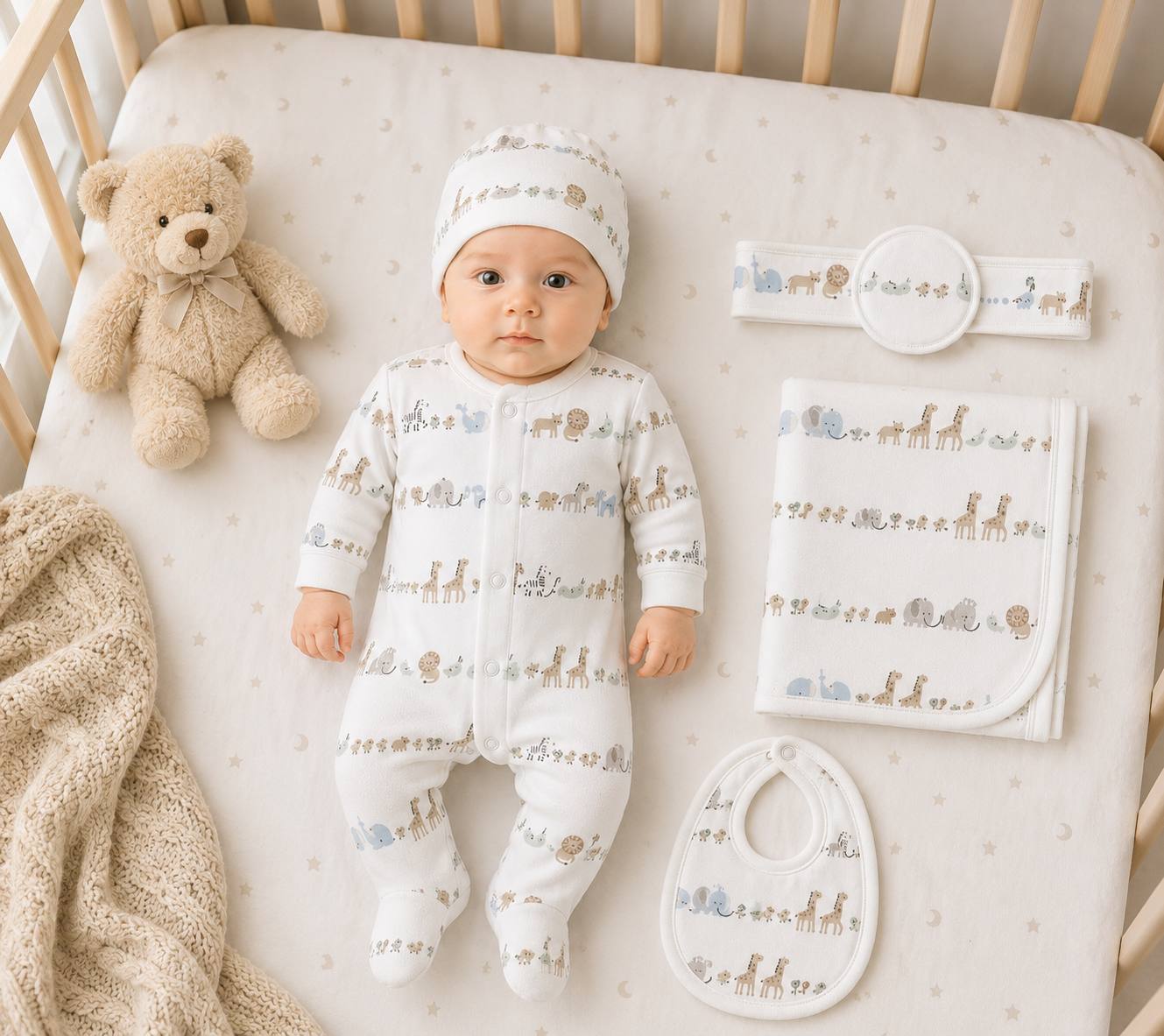 Baby 5 Pcs Full Print Overall Set With Cap, Bib, Blanket & Navel Belt(0-3M)