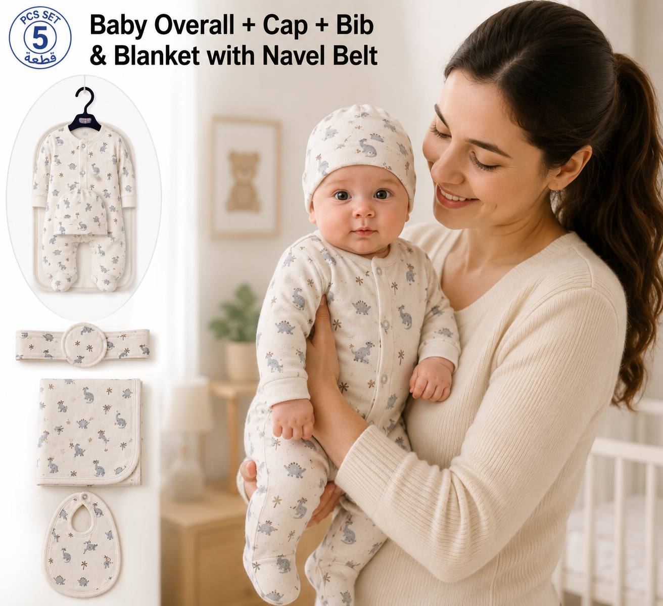 Baby 5 Pcs Full Print Overall Set With Cap, Bib, Blanket & Navel Belt(0-3M)