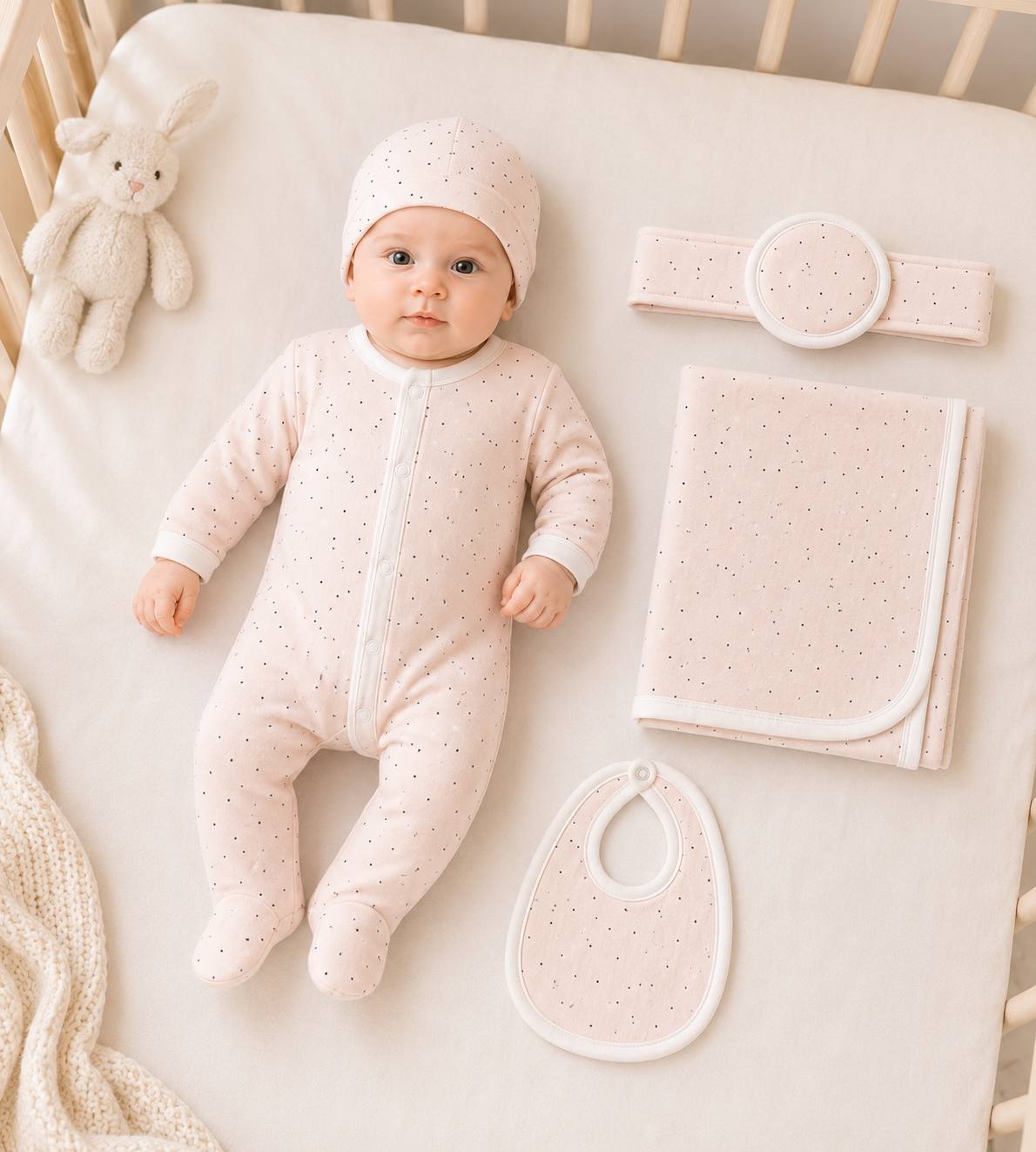 Baby 5 Pcs Full Print Overall Set With Cap, Bib, Blanket & Navel Belt(0-3M)