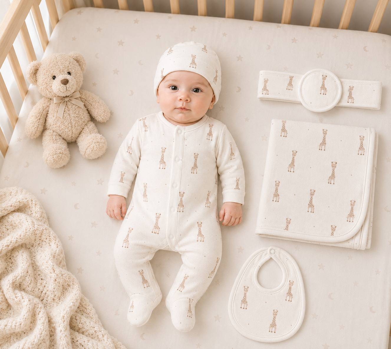 Baby 5 Pcs Full Print Overall Set With Cap, Bib, Blanket & Navel Belt(0-3M)