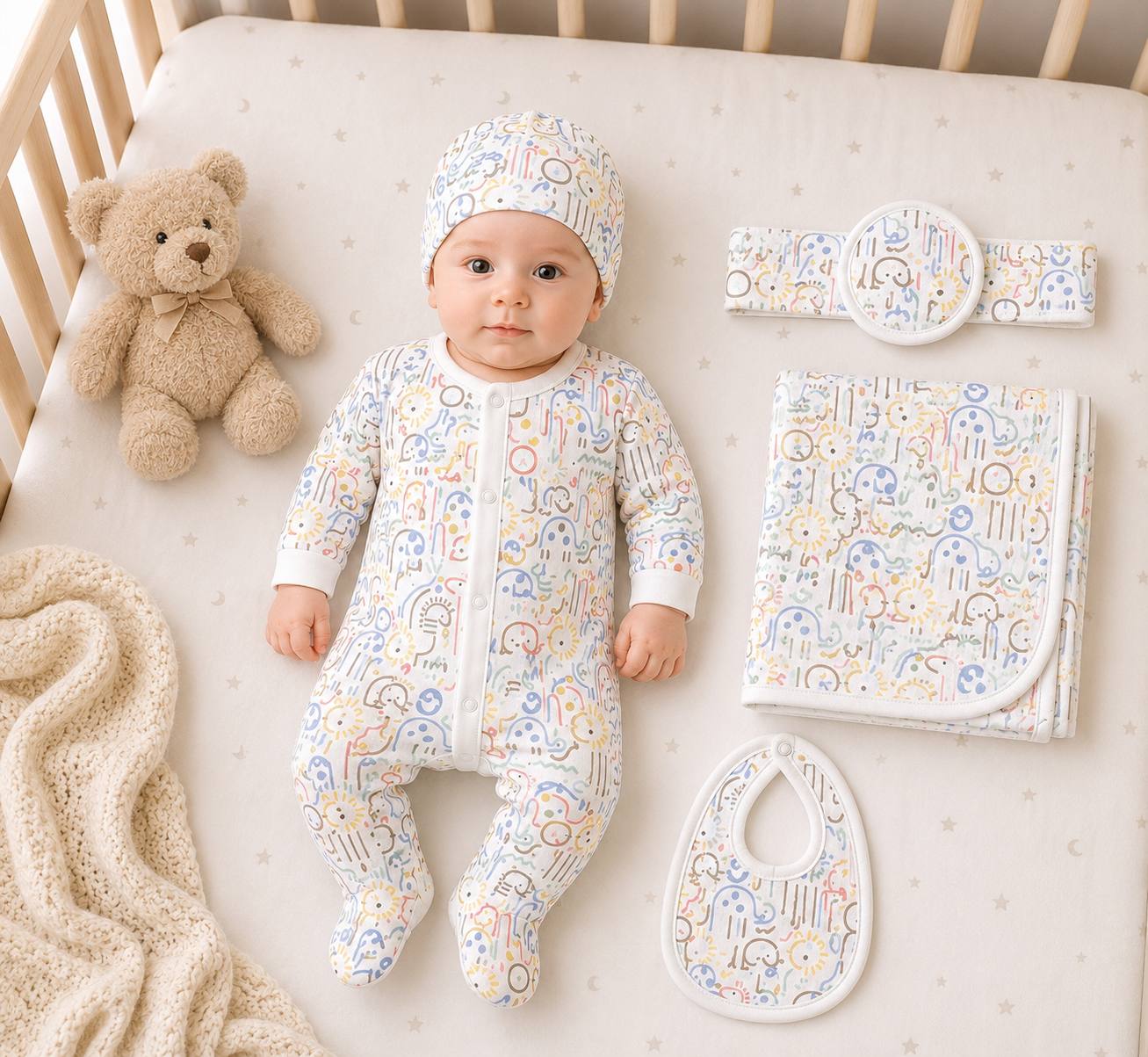 Baby 5 Pcs Full Print Overall Set With Cap, Bib, Blanket & Navel Belt(0-3M)