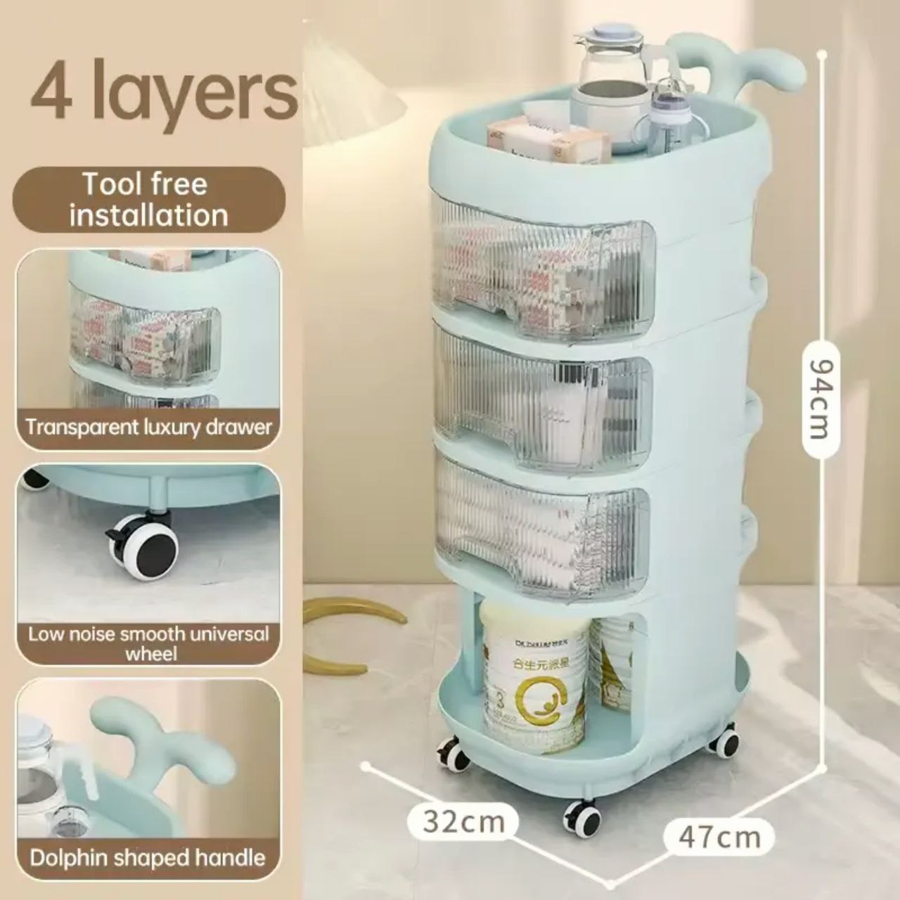 4 Layer Plastic Trolley Cart with Handle
