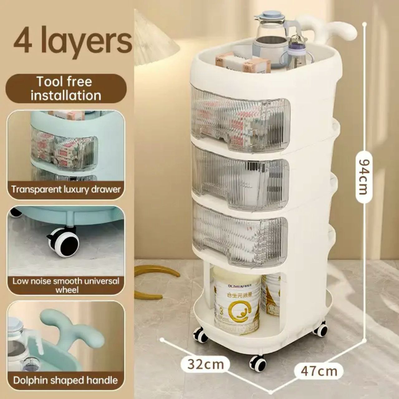 4 Layer Plastic Trolley Cart with Handle