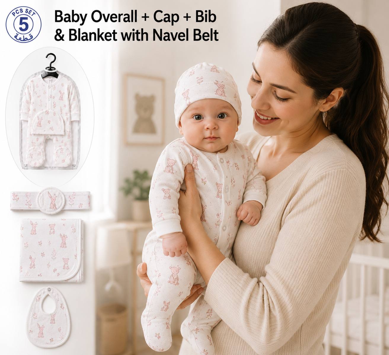 Baby 5 Pcs Full Print Overall Set With Cap, Bib, Blanket & Navel Belt(0-3M)