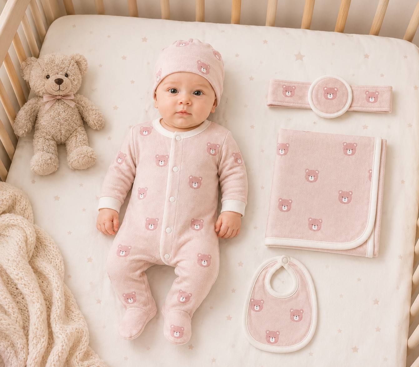 Baby 5 Pcs Full Print Overall Set With Cap, Bib, Blanket & Navel Belt(0-3M)