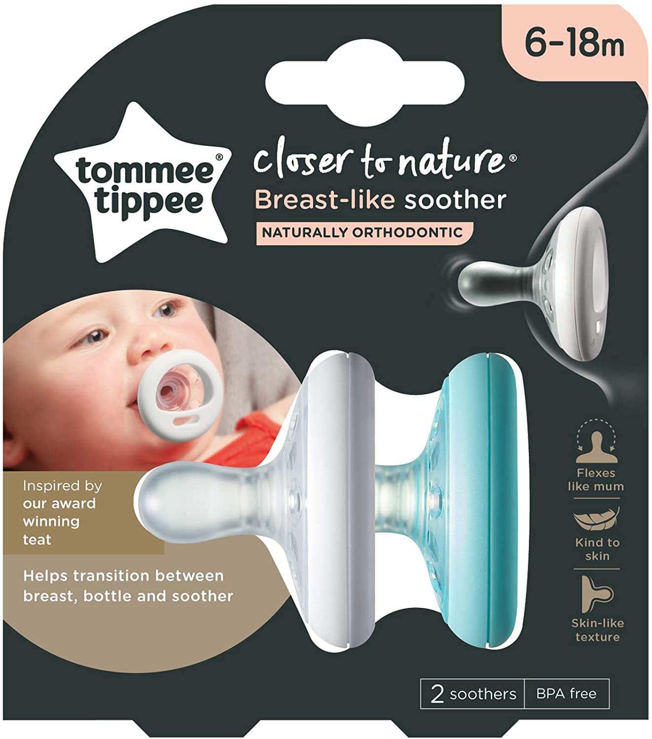 Tommee Tippee Closer Nature Breast Like Soother, Pack of 2, (6-18 months)