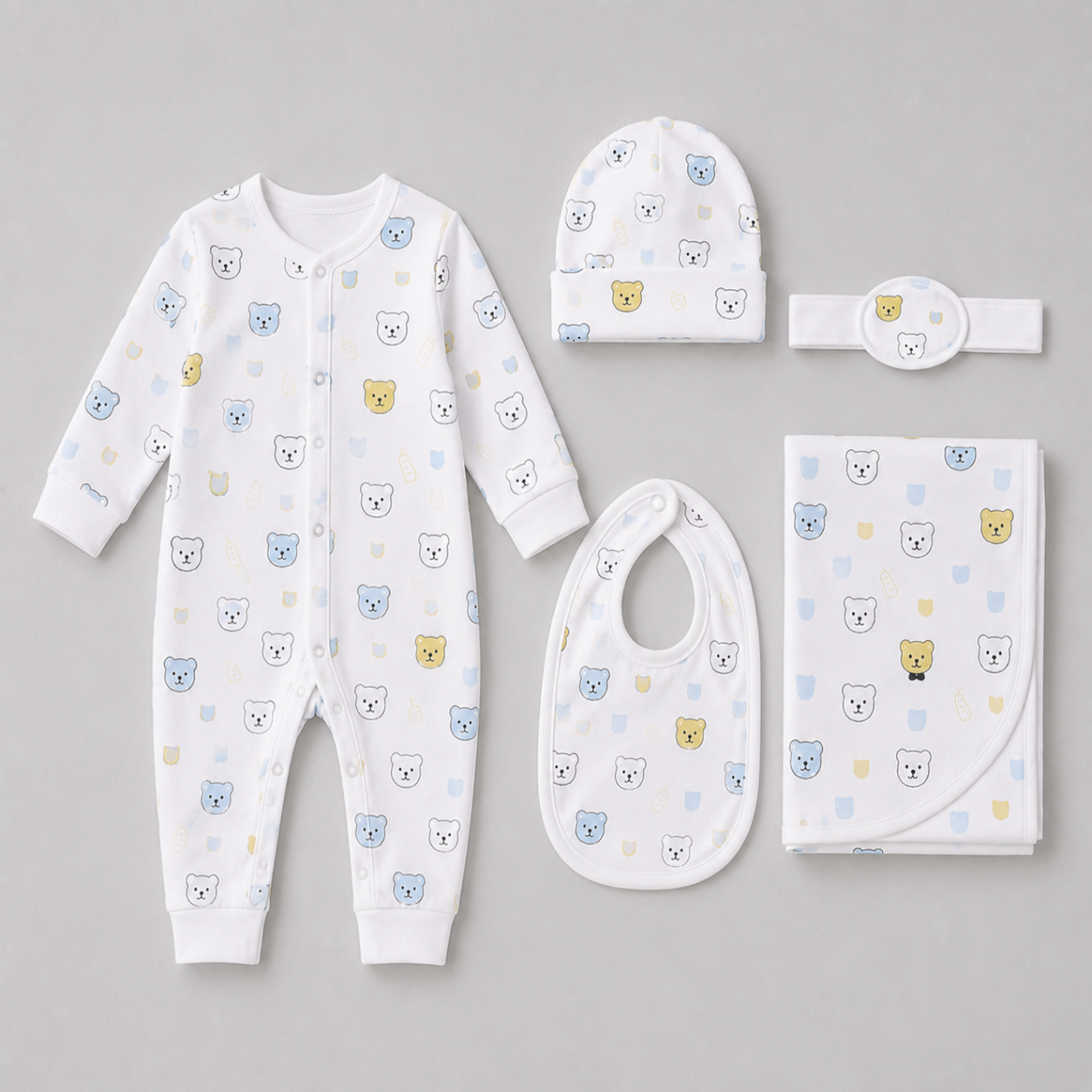 Zaki -Baby 5 PCS Set – Overall, Cap, Bib, Blanket & Navel Belt(0-3M)